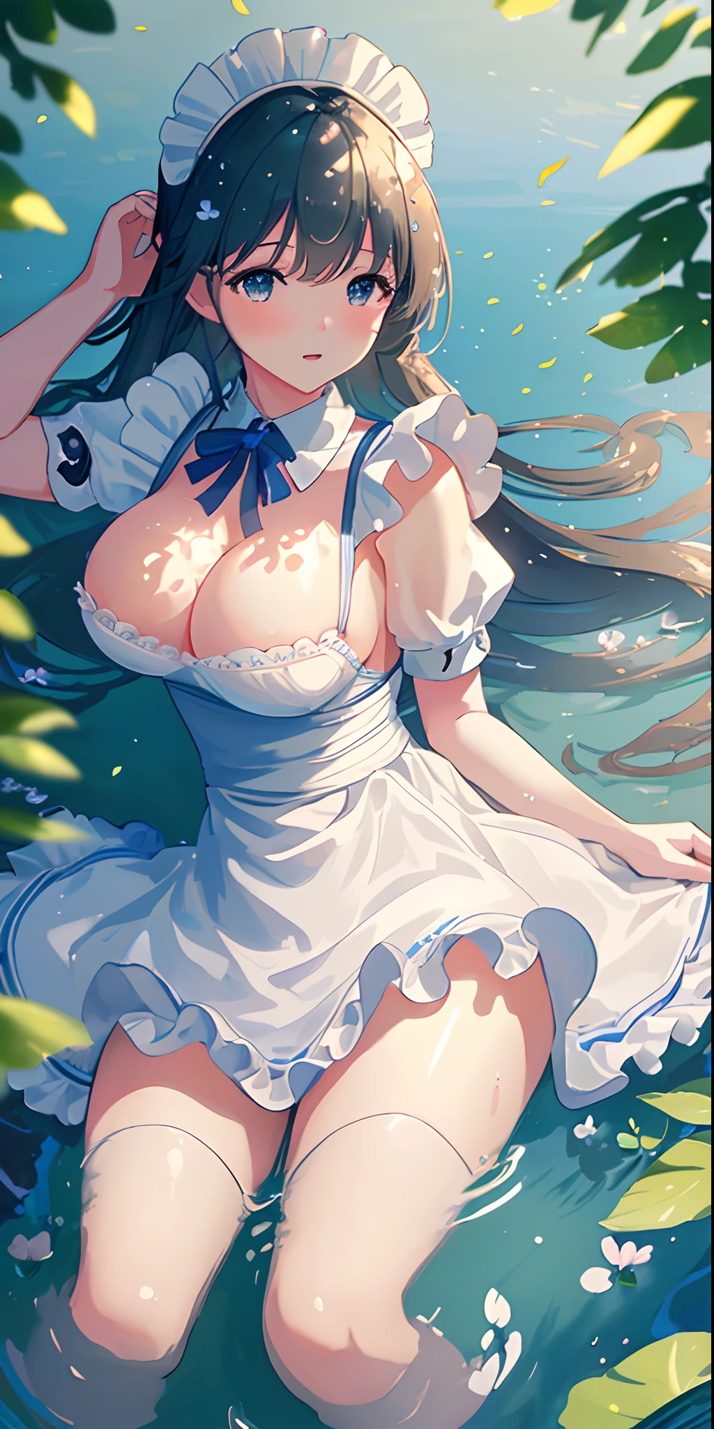 Masterpiece, best quality, (very detailed CG unity 8k wallpaper) (best quality), (best illustration), (best shadows) Nature&#39, blue sea,delicate leaves petals of various colors falling in the air light Tracking, super detailed , 1girl, ((maid, big breasts, floating on water, laying on water)) --v6