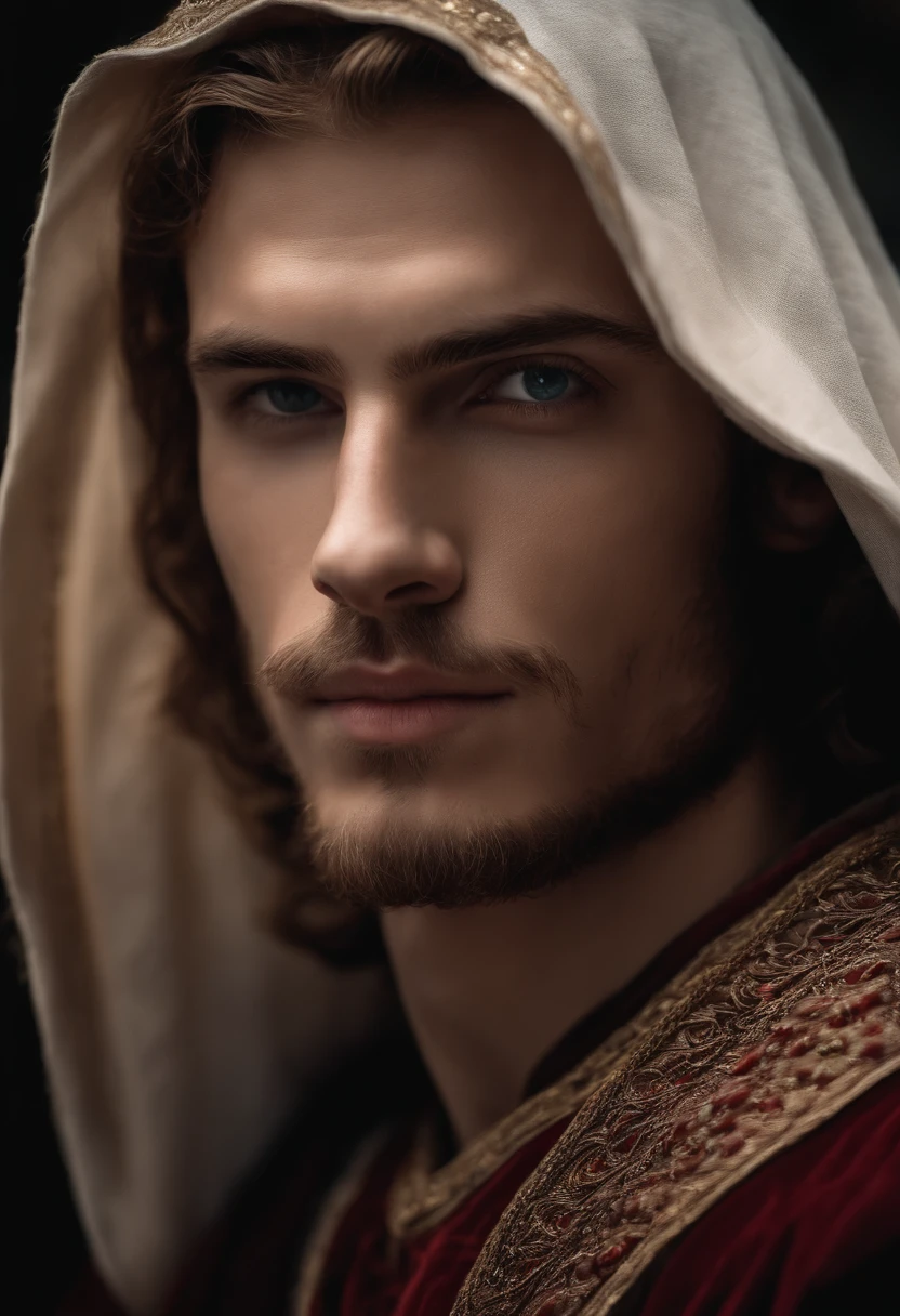 cinemactic, fotografia, Photo portrait of head and shoulder, 1 homem, sozinho, 19 year old male prince medieval fantasy, pale skin, muito longo ondulado cabelo branco, amazing red eyes, Sobrancelhas longas e curvas, barba feita, roupas nobres de fantasia medieval, olhar intenso, feio, mas fascinante, em uma grande cidade medieval, Canon EOS 5D Marca IV, Historical, fantasia, hiper detalhado, texturas precisas, Realistic, skin pores