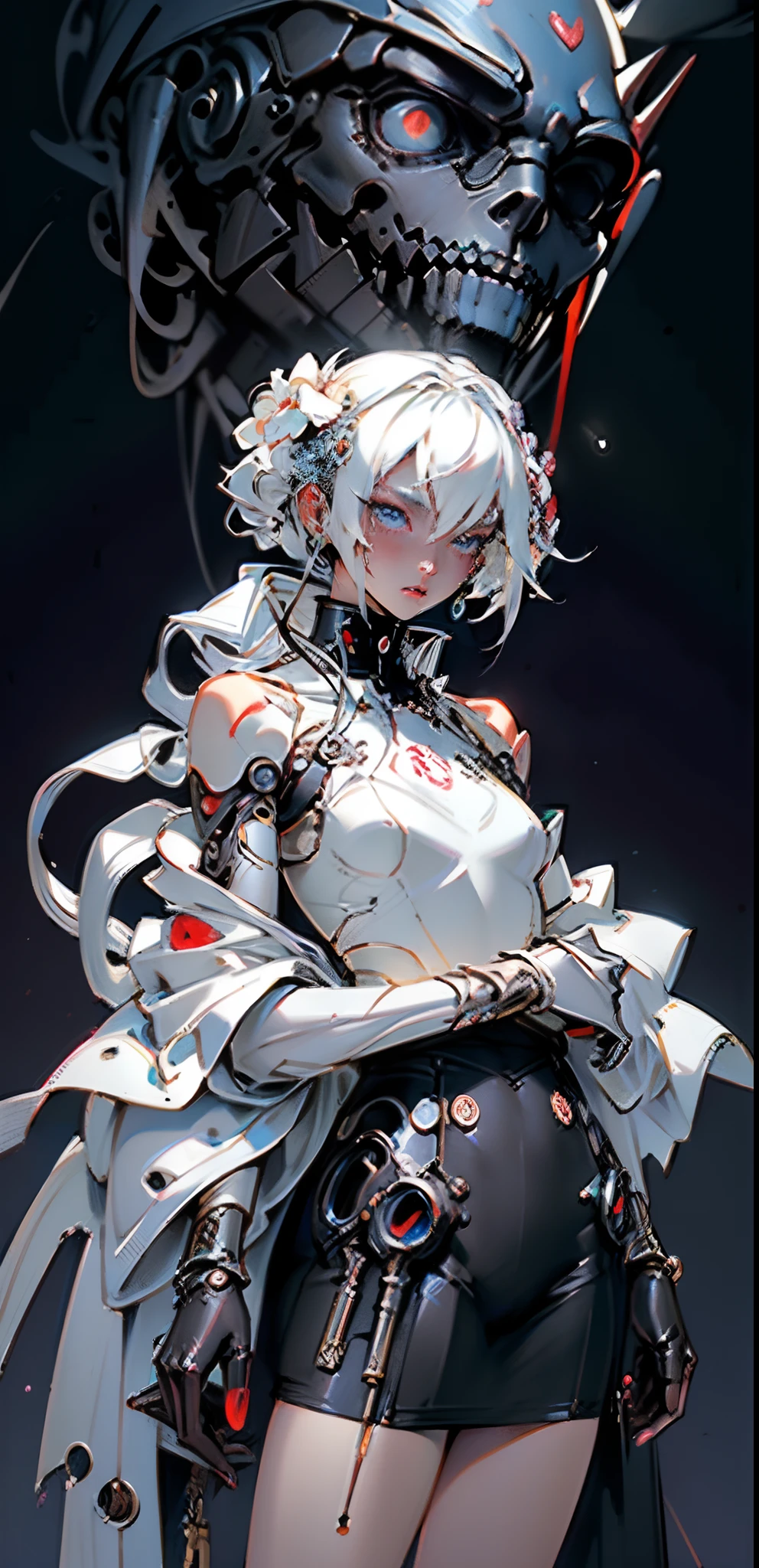 (masterpiece, top quality, best quality, official art, beautiful and aesthetic:1.2), (1girl:1.3), extreme detailed, colorful, highest detailed ((ultra-detailed)), (highly detailed CG illustration), ((an extremely delicate and beautiful)), cinematic light, ((1mechanical girl)),solo, cowboy shot, long shot (machine joints:1.2), ((mechanical limbs)), (blood vessels connected to tubes), (wires and cables attaching to neck:1.2), (character focus), machines are attached to joints, white hair, white skin, looking at viewer, copper button, bronze, (black tights, ) perfect anatomy, blue eyes, ((5 fingers, dynamic pose)) mechanical flower, kimono girl, cyberpunk, plants leaves