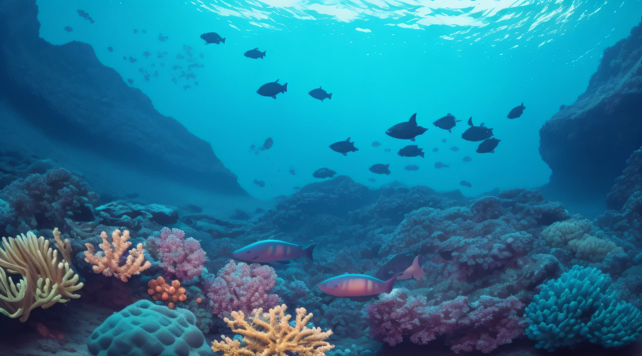 RAW, GoPro Image of underwater tropical ((deep sea)) at blue hour, lots of bioluminescent fishs, 8k, HDR, vibrant colors, sharp, high rez, high resolution, curvature of the earths horizon, raytraced lighting and reflection, inspired by Chris Roger and Jake Rich, trending on instagram