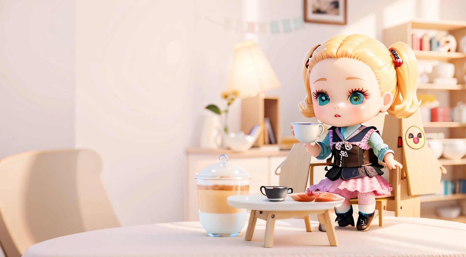 Short hair doll sitting at a small table drinking a cup of coffee,, style as nendoroid, Cute:2, Cute Pocelain doll, So cute, Cute scene, plushie photography, Banner, cas, toy photography, anime barbie doll, JDM, dollfie dream, portrait shooting, nendroid, Cuteness, Super cute, adolable