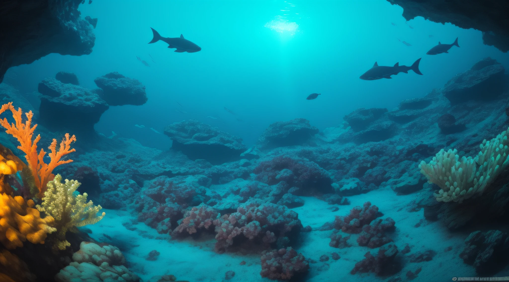 RAW, GoPro Image of underwater tropical ((deep sea)) at blue hour, lots of bioluminescent fishs, 8k, HDR, vibrant colors, sharp, high rez, high resolution, curvature of the earths horizon, raytraced lighting and reflection, inspired by Chris Roger and Jake Rich, trending on instagram