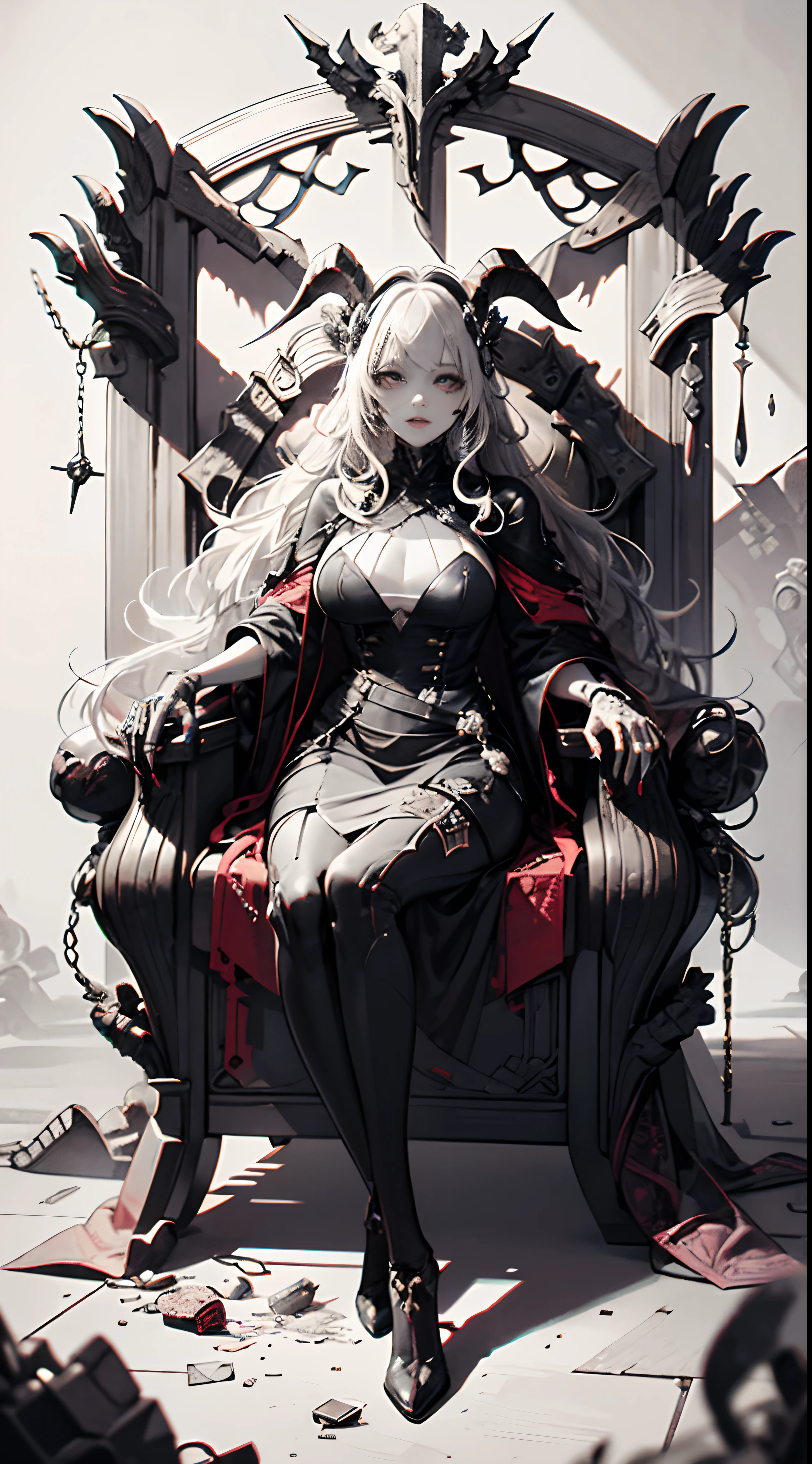 offcial art, Unity 8k Wallpapers, ultra - detailed, Beautiful and beautiful, high high quality, big breasts beautiful, tmasterpiece, Best quality at best, (Zen entanglement, datura, Tangles, Tangled:0.6), flatcolors, limited palette, low-contrast, A cute girl offers cake to the devil, Pink big breasts, black in color, bright pastel color, kawaii, (terroral), eerie, rabbit skull, goat skull, In hell, spine-chilling, The demons, clawed paws, best illuminate,Inside the Dark Palace,Skeleton Throne,A throne made of skeletons,Skeleton ornaments