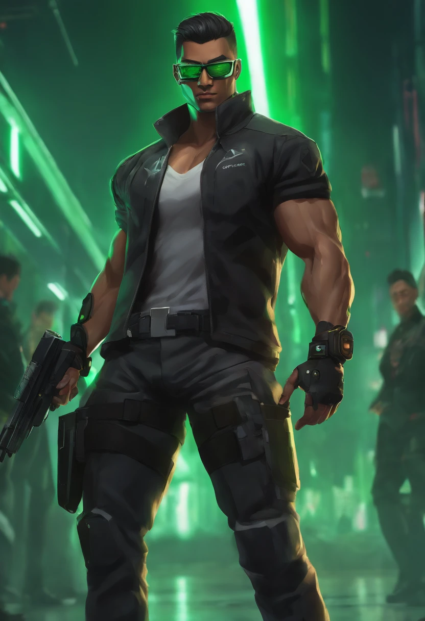 anime character with glasses and a green light on his arm, valorant character, digital , muscular! cyberpunk dude, modern cyberpunk anime, digital cyberpunk - Yoru ( valorant ), Japanese native Yoru rips holes straight through reality to infiltrate enemy lines unseen. Using deception and aggression in equal measure, he gets the drop on each target before they know