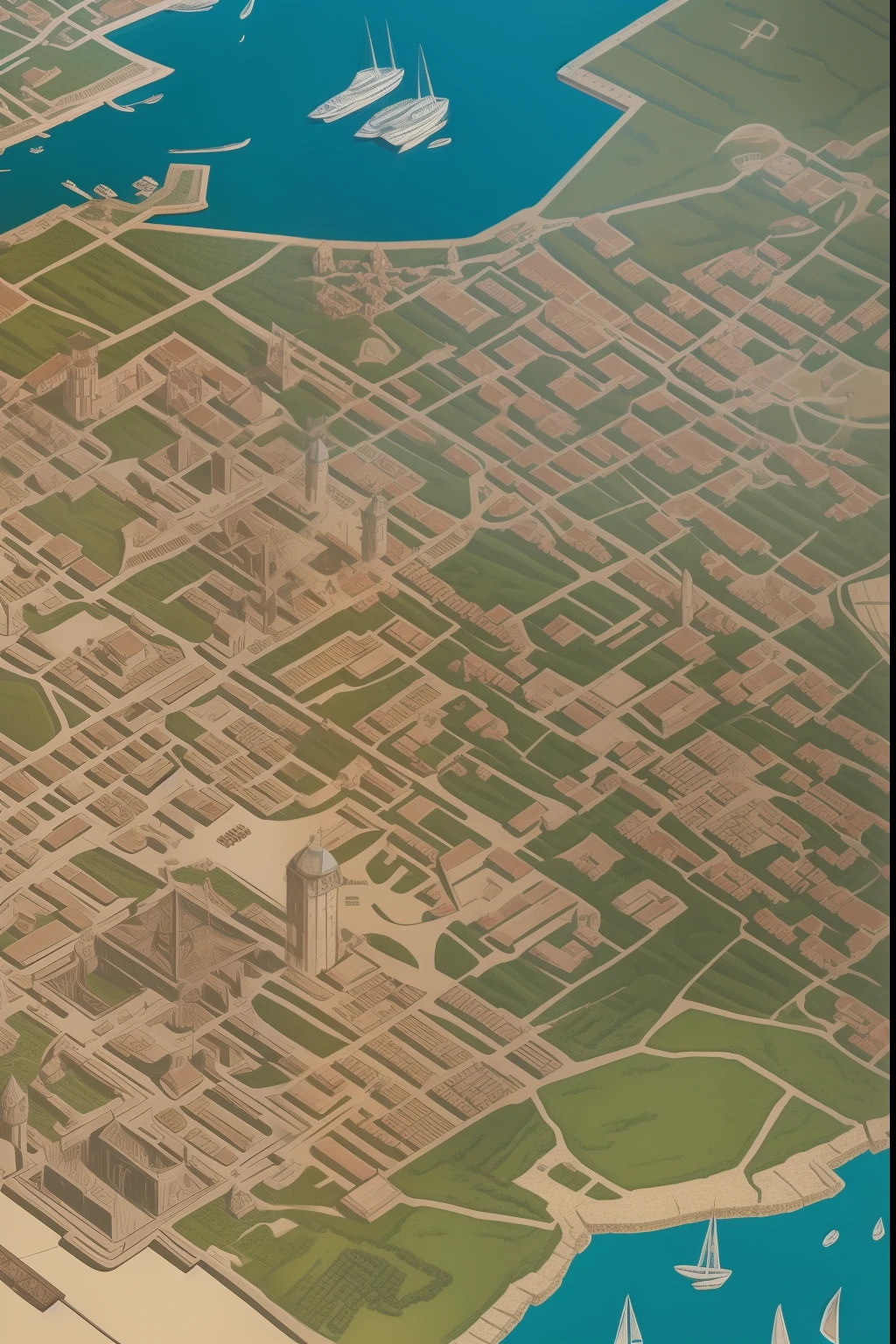 Large map of a medieval port city seen from above, battlemap