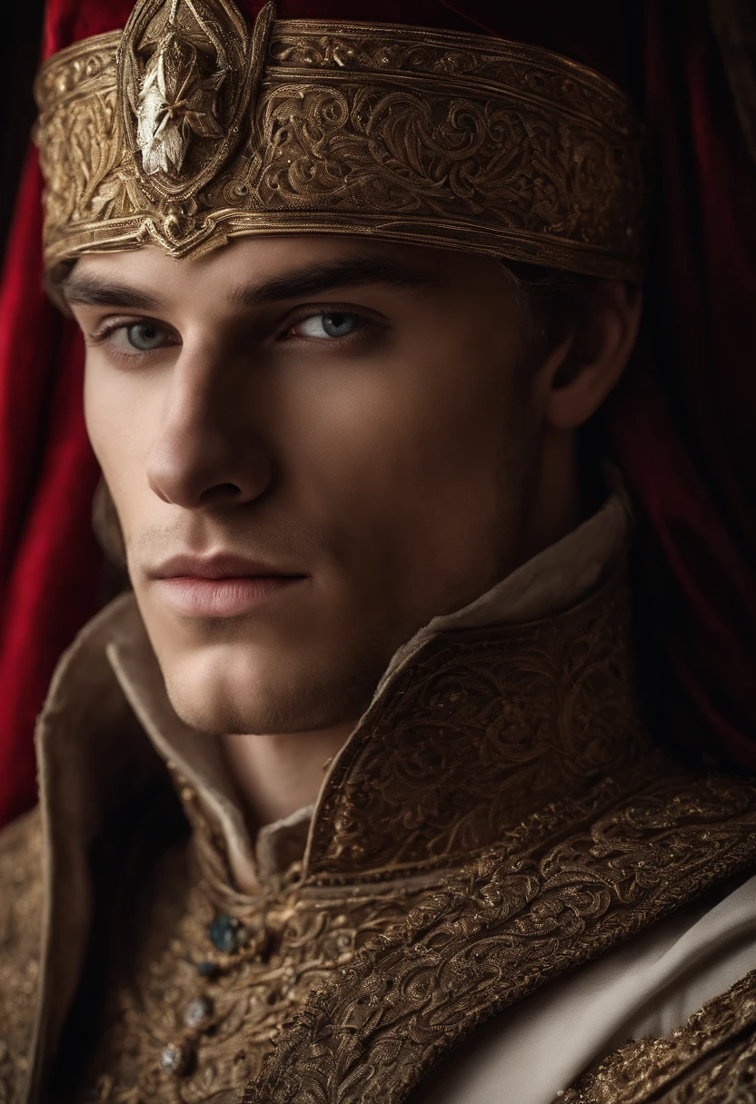 cinemactic, fotografia, Photo portrait of head and shoulder, 1 homem, sozinho, 19 year old male prince medieval fantasy, pale skin, muito longo ondulado cabelo platinado, amazing red eyes, Sobrancelhas longas e curvas, sem barba, roupas nobres de fantasia medieval, olhar intenso, feio, mas fascinante, em uma grande cidade medieval, Canon EOS 5D Marca IV, Historical, fantasia, hiper detalhado, texturas precisas, Realistic, skin pores