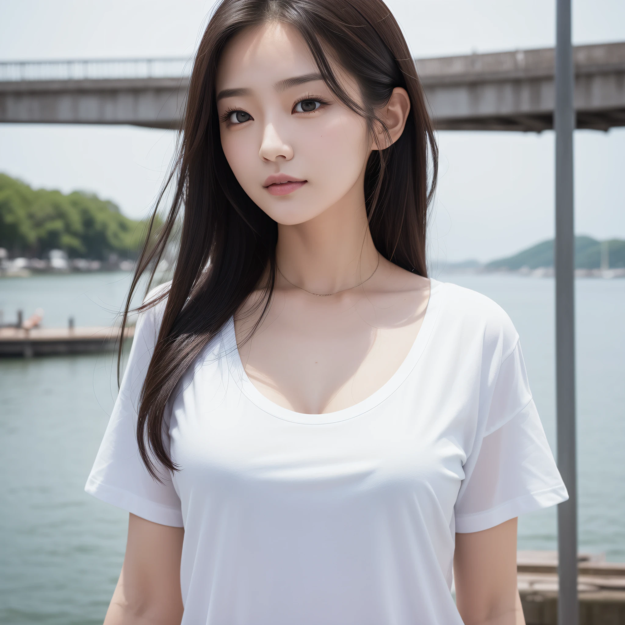 One lady、((best qualtiy、8k masterpieces:1.3))、foco nítido:1.2、(ultra beautiful faces:1.0)、(shinny skin:1.0)、photos realistic、A dark-haired、Video Lighting、High-definition eyes and face、Video Lighting、(Korean Cute Actress)、from the front side、medium breasts、ssmile、Slender Abs Beauty、Whole body、wearing t-shirts、At the quay in the early morning