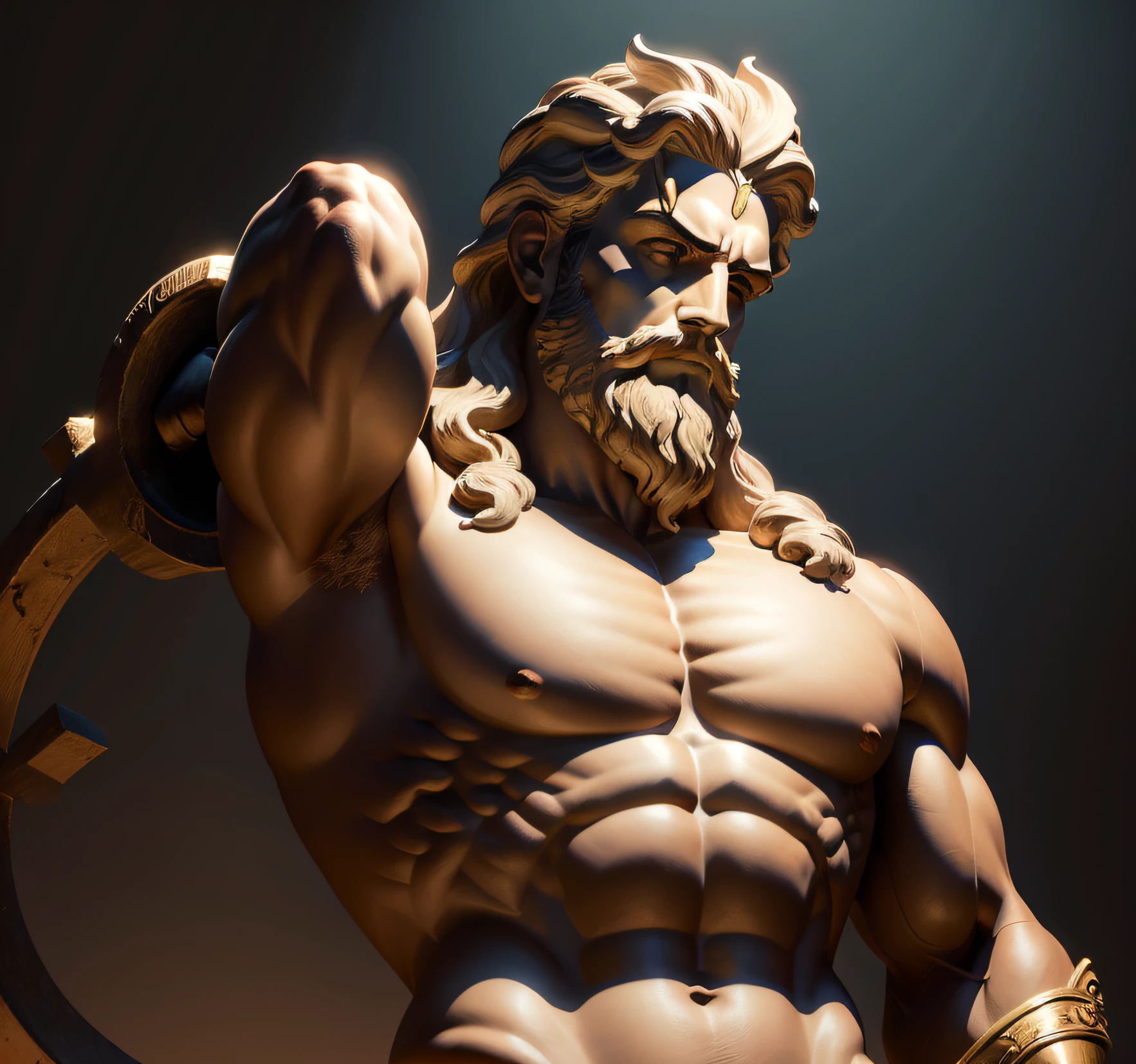 Greek statue, resembling Hercules, dark background, shape bigger, no objetcs, long hair, on the side