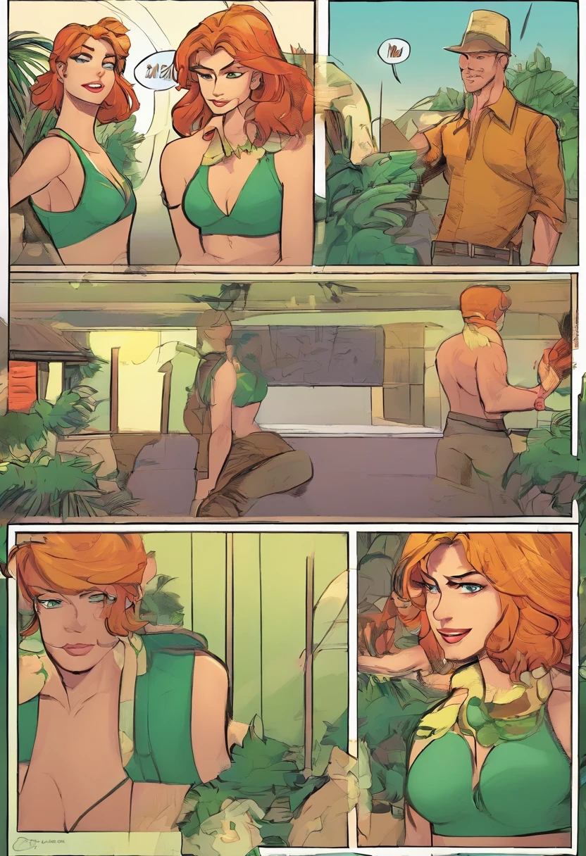 Quadrinhos americanos, The comic is presented in several irregular panels with colors. The short-haired American cat struggles as it runs away from home and then reunites with its owner. The style is exaggerated. closely,short orange hair, ((green bra)), average body, ((six pack)), (defined stomach), (((muscular body 1:1,))) ((green lace panties,)),standing, sexy body, medium boobs, looking at audience, naughty look, closeup,