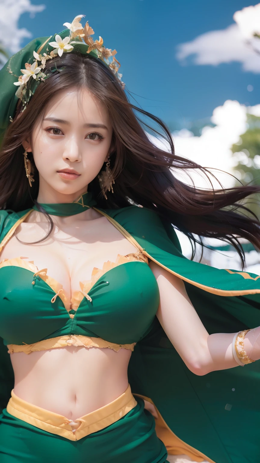 best quality, ultra high res, (photorealistic:1.4), RAW photo, (upper thigh, from side:0.7), (bokeh:1.5), (beach), (in suite:1.6), (exotic skin), (dark hair), big boobs, green dress, 1japanese girl, cute,