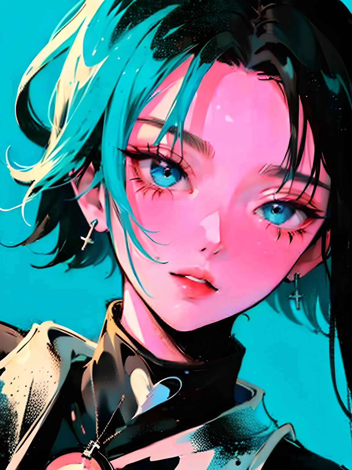 (Portrait:1.4), (masutepiece:1.2, Best Quality:1.2), bottom-up, Full body, 1 girl with short black hair with fringe, blue highlight, Solo, Looking down, Face Focus, Extreme facial details, Cool eyes, extremely detailed eye, goodlooking, makeup, Fingers on lips, blue Eyes, Thin, slim, white fur coat, Black tights, earrings, (Marco) Cafe)