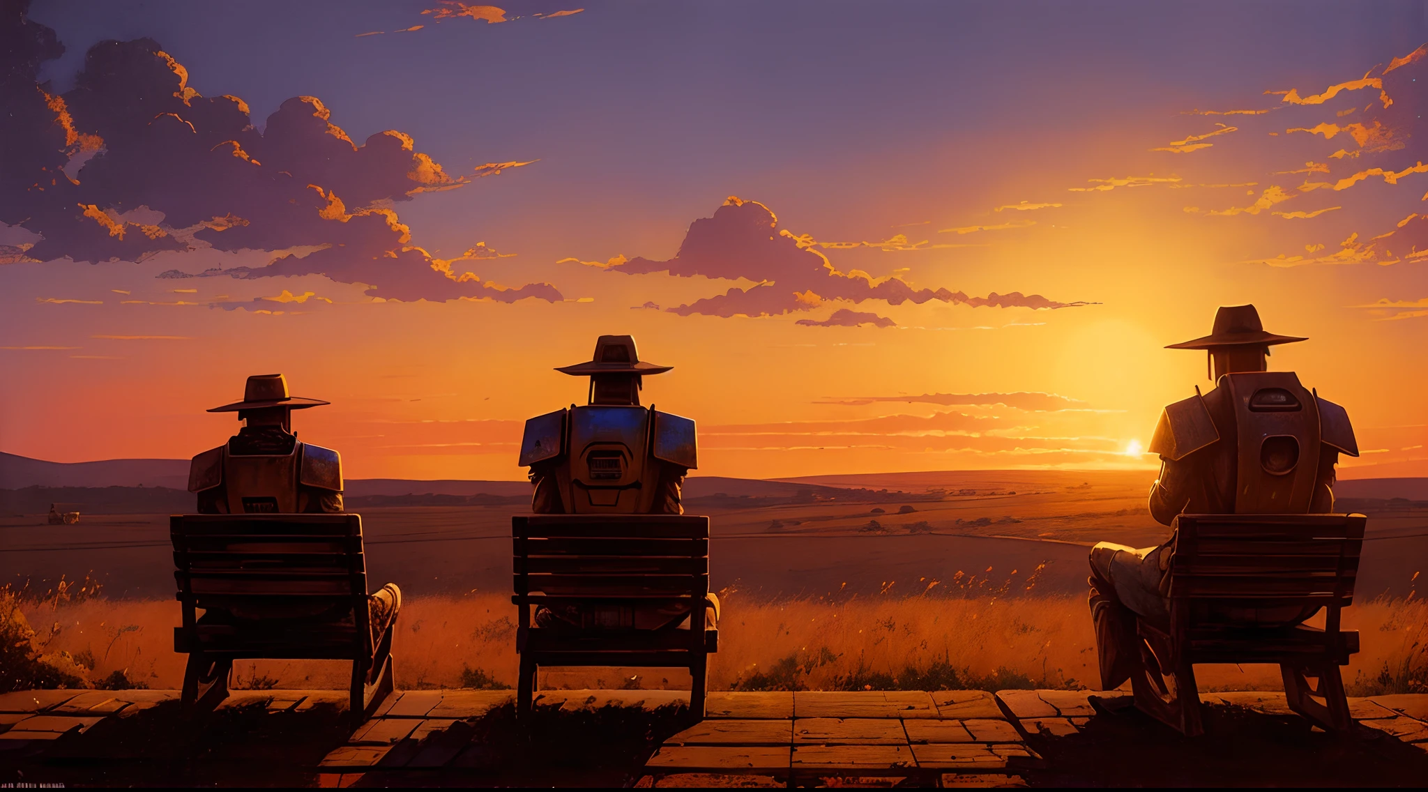 Create an evocative image of two weathered robots, sitting side by side on a rustic wooden bench, gazing silently towards the horizon where the warm hues of a setting sun paint the sky in nostalgic colors. From the back. Cinematic lighting. Paul lehr Illustration.