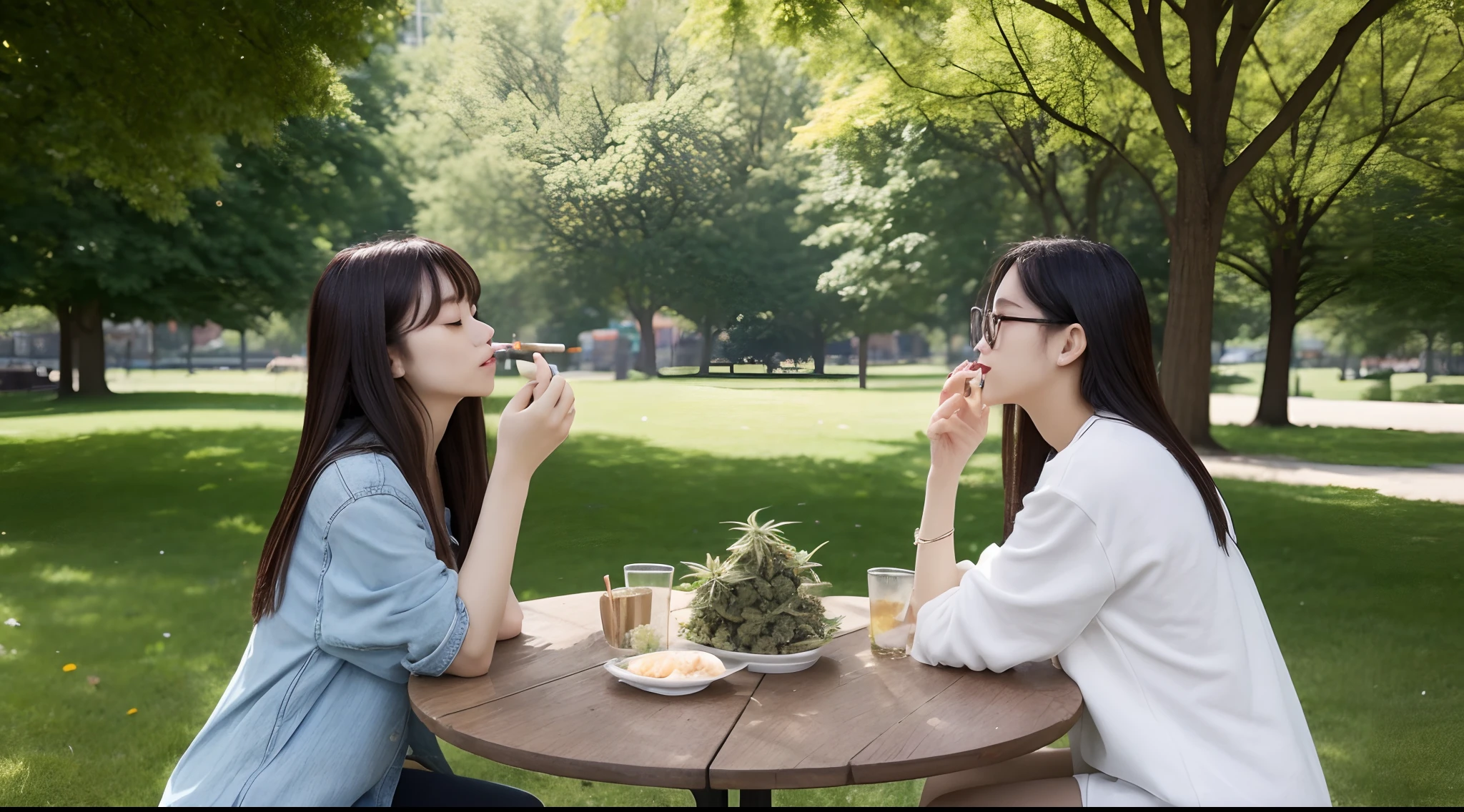 Cannabis on the table、Woman smoking cannabis in the park