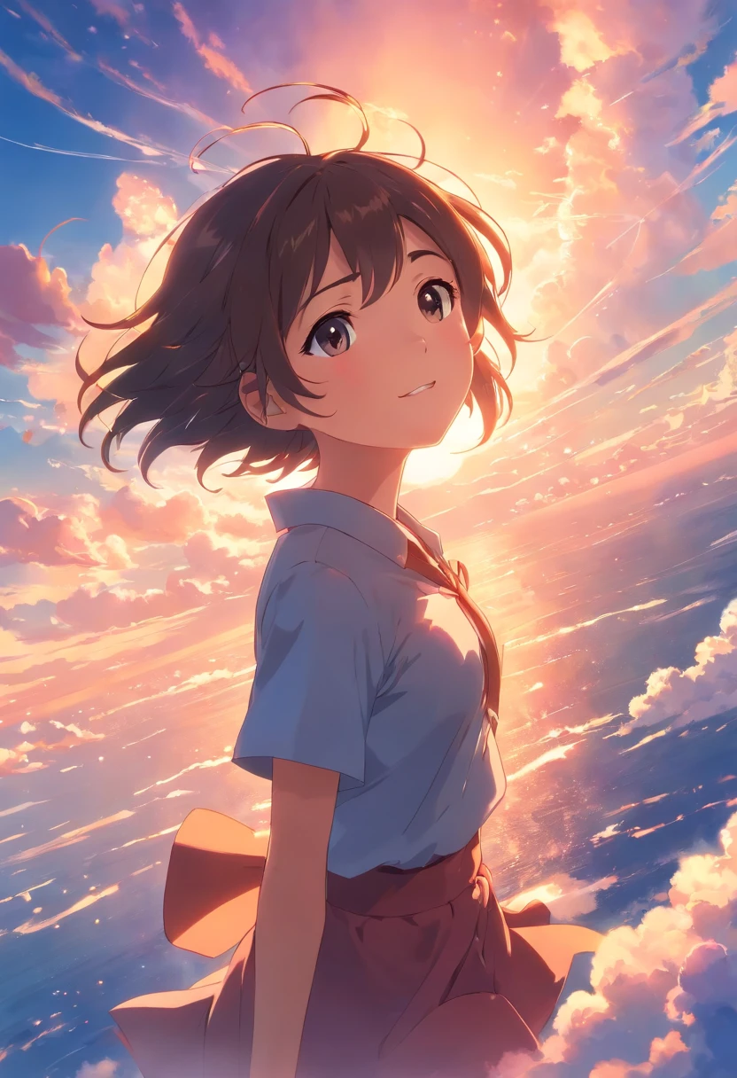 masterpiece, best quality, movie still, 1girl, cloud girl, floating in the sky, close-up, bright, happy, warm soft lighting, sunset, (sparks:0.7)