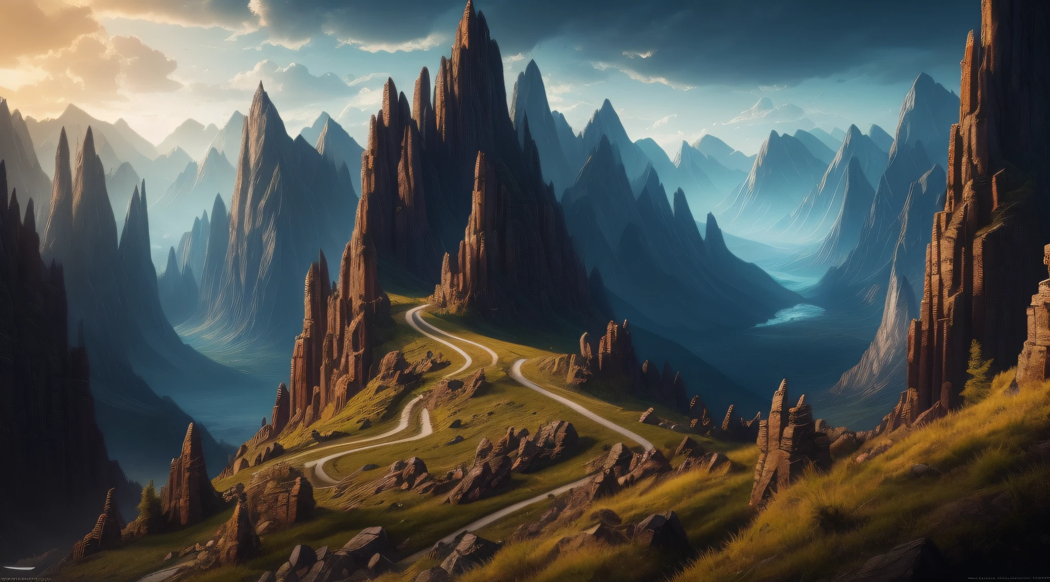 (majestic mountain landscape), cinematic lighting, (dark atmosphere), otherworldly, (intricate details), exotic plants, (analog photography, highest quality, RAW, hyperrealism, trending on ArtStation, trending on CGSociety), saturated colors:1.0