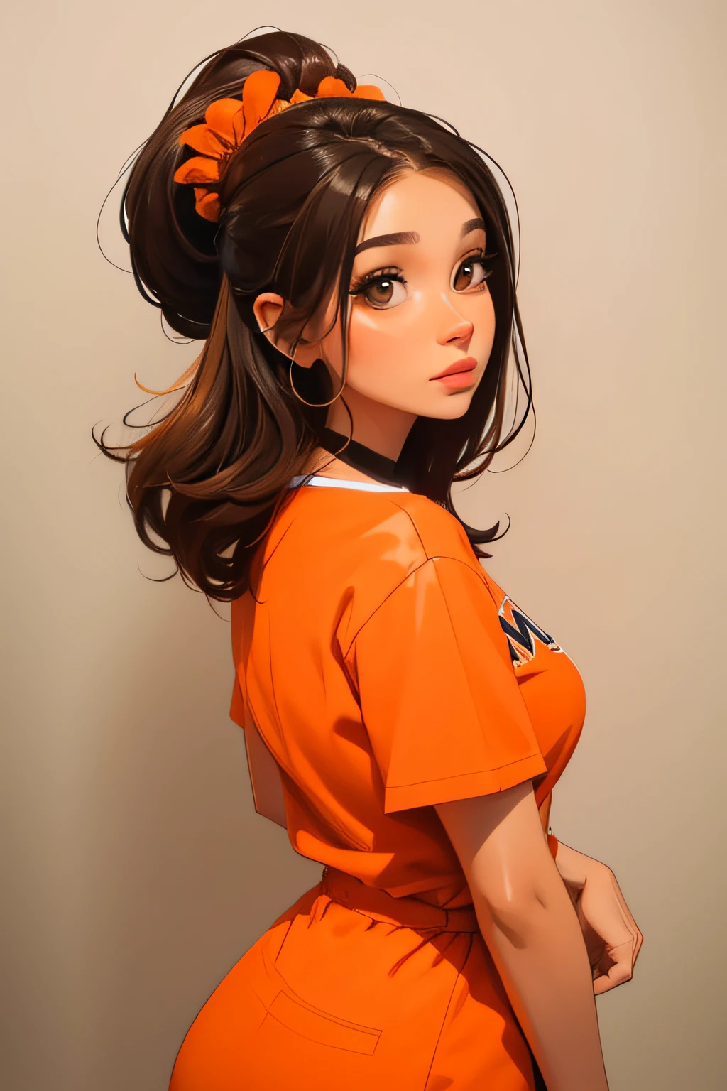 Una chica hermosa con un lazo naranja en el pelo