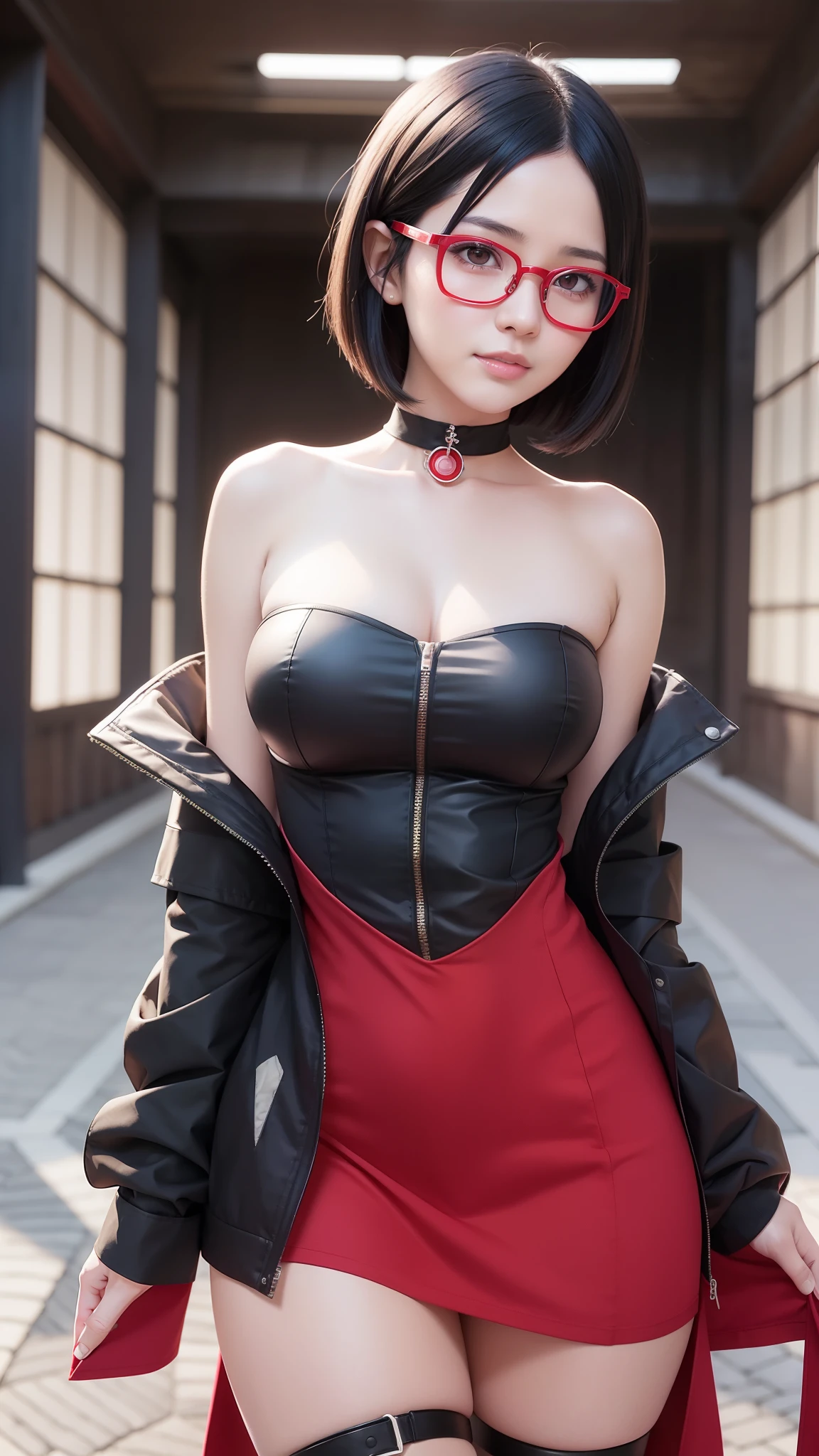 1girl, uchiha sarada in anime boruto, short hair, black hair, red eyes, smile, beautiful, sexy dress, sexy clothes, red clothes, wear red glasses, very big breast, realistic clothes, detail clothes, outdoor background, ultra detail, realistic