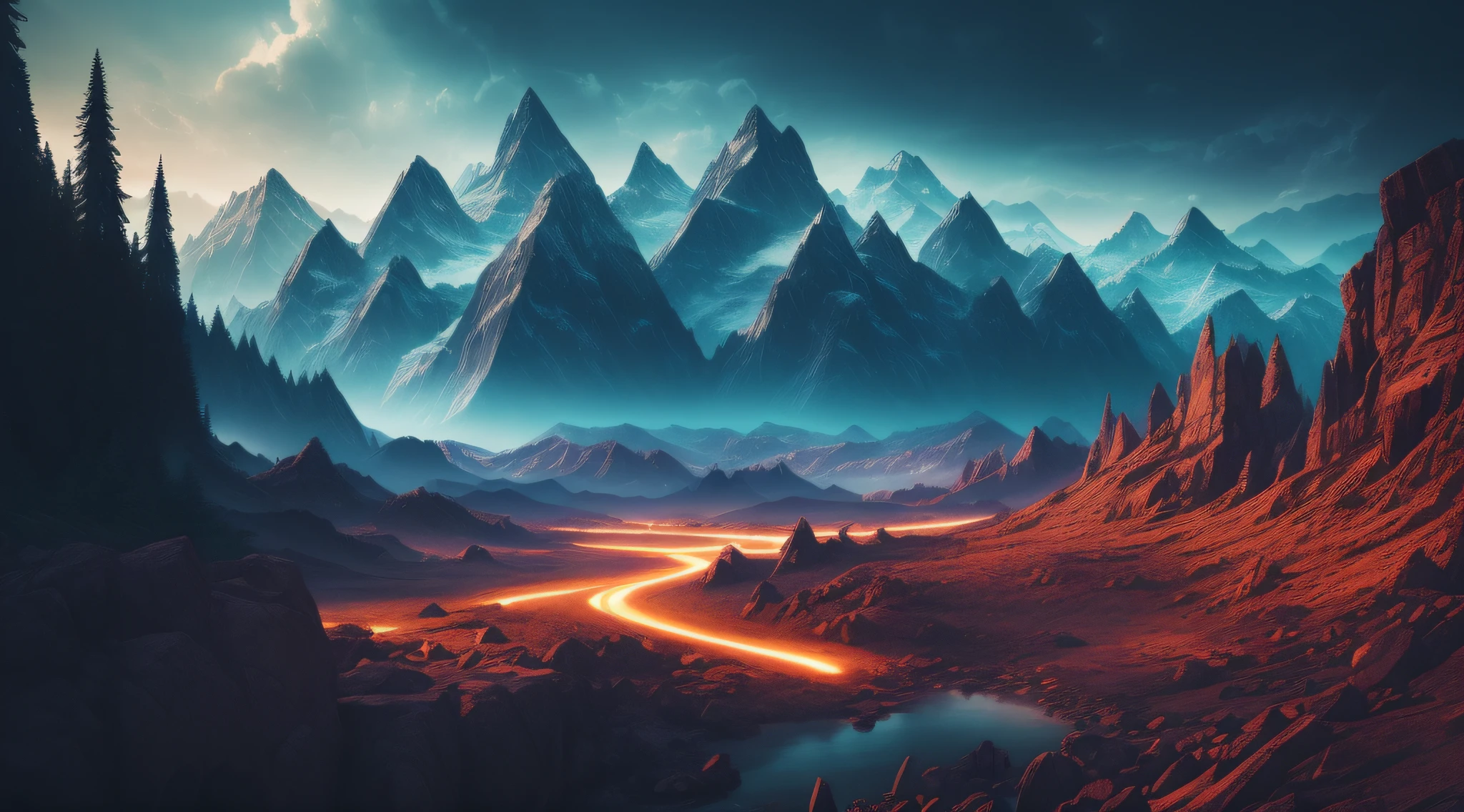(majestic mountain landscape), cinematic lighting, (dark atmosphere), otherworldly, (intricate details), exotic plants, (analog photography, highest quality, RAW, hyperrealism, trending on ArtStation, trending on CGSociety), saturated colors:1.0