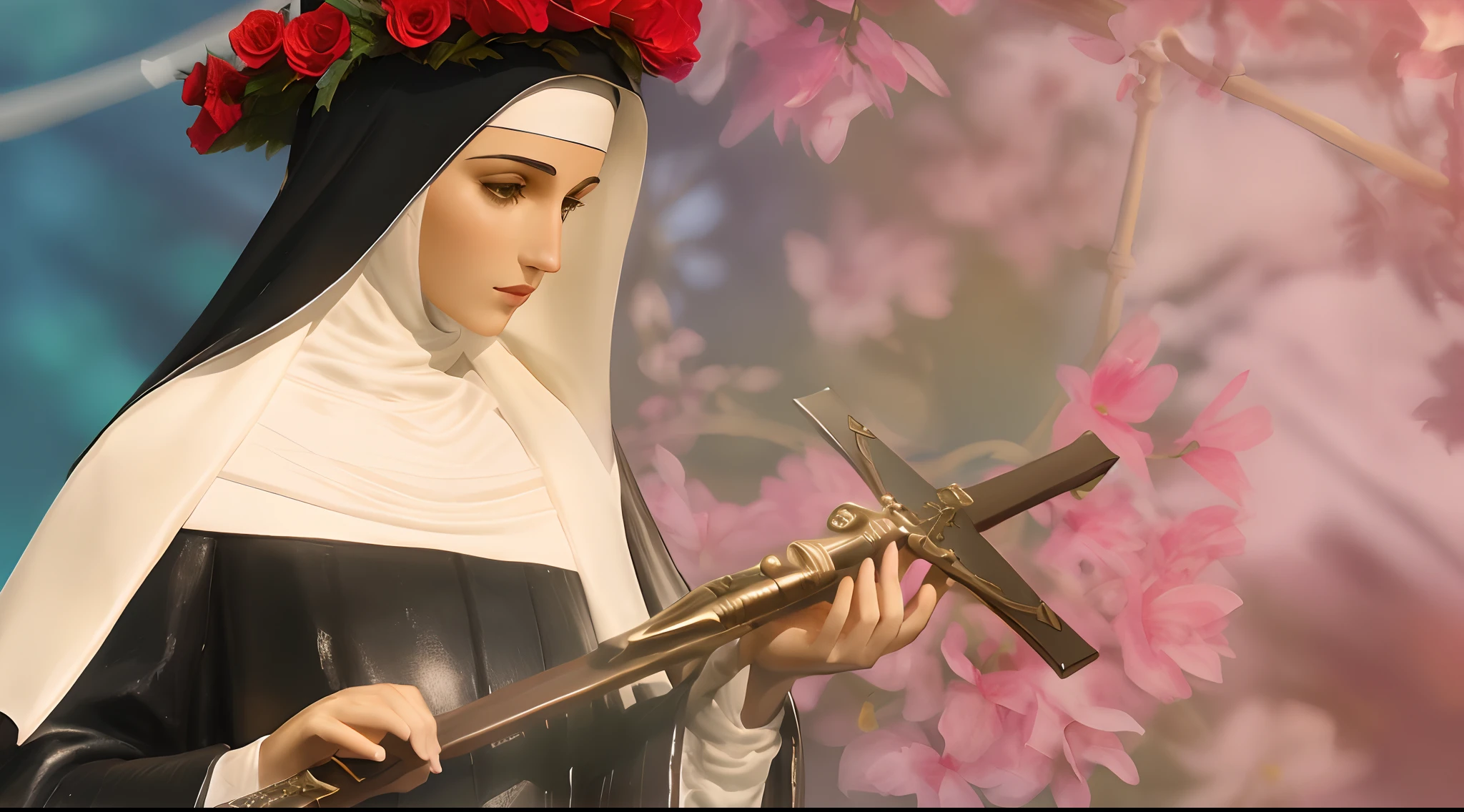 Statue of a nun holding a cross and a sword, majestosa mulher de santo, santa mulher, santo, christian saint, imaculadamente detalhado, figura de cera, segurando uma espada longa | divino, padroeiro do 🛸🌈👩🏾, Rosen Maiden, Catholic, she is holding a sword, religioso, santas mulheres, foto ainda de
