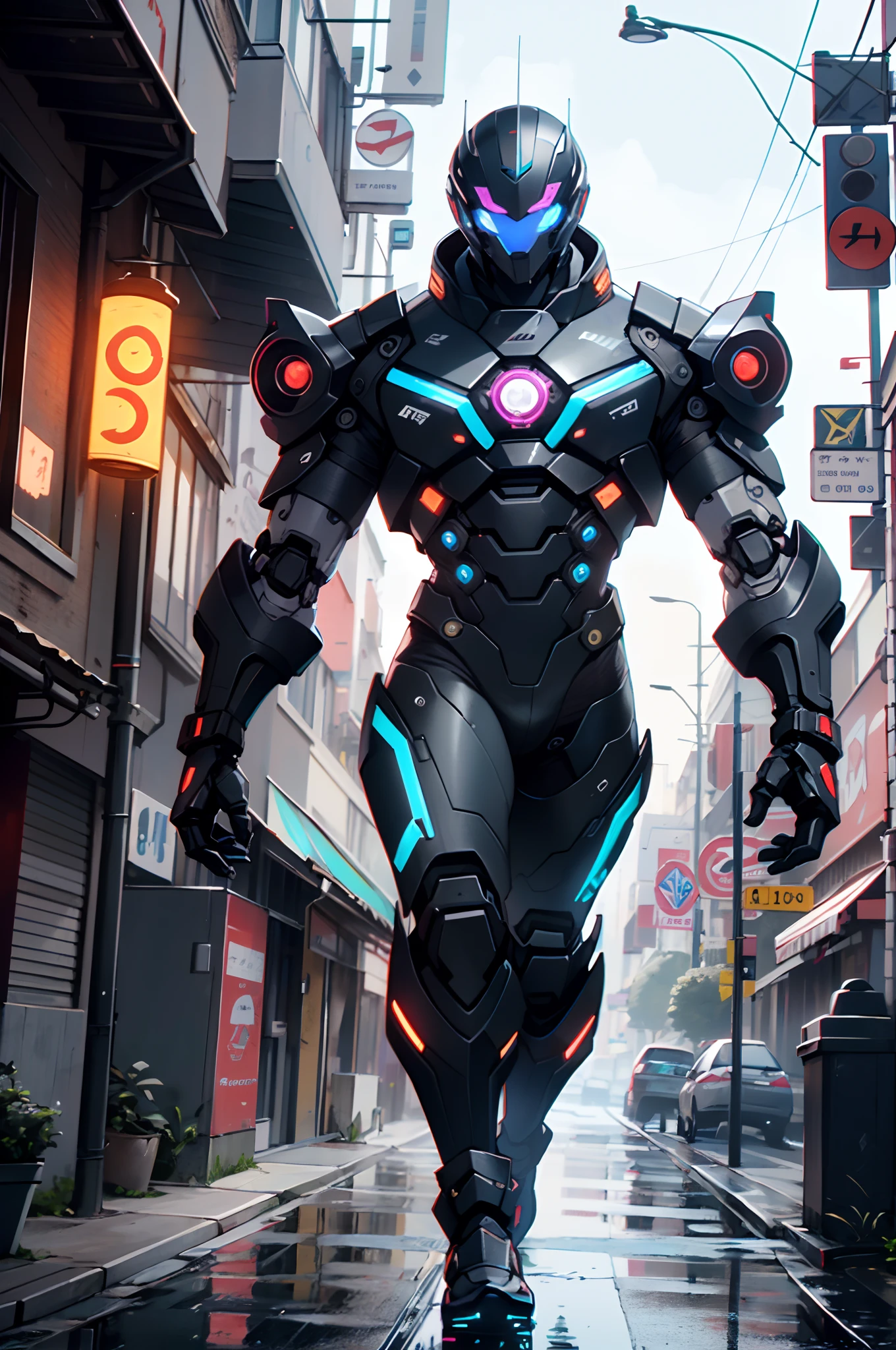 Imposing black plastic metal android robot,three meters high and with a minimalist design that highlights its marked metallic musculature. Its head is smooth and adorned with RGB lights that highlight its uniqueness and futurism.
He carries a metal backpack on his back that contains drones,Torres,e armas de fogo. A mochila tem pernas de aranha que permitem que ela se mova rapidamente.
Embora a maior parte de seu corpo seja um profundo,preto brilhante,there is orange,Purple,e detalhes azuis que destacam sua marcante,Futuristic Design. ay, undoubtedly, An impressive creation that does not go unnoticed.
(((musculoso))),hipermusculoso, hyper muscles,carbon robot,humanoid robot, Robot, robot joints, Joints, capacete, armadura, head-mounted display,
(dynamic pose:1.0),foco solo,(Centrado,scale to fit dimensions,rule of thirds),
Cyberpunk city by the sea at night, with bright neon signs and dark stormy clouds and puddles,
high resolution, foco nítido, (ultra detalhado, extremamente detalhado), (Arte Fotorrealista:1.37), Papel de parede 8K,((Tema de fundo synthwave)),((cores vibrantes)),(intrincado),master part,(best quality),