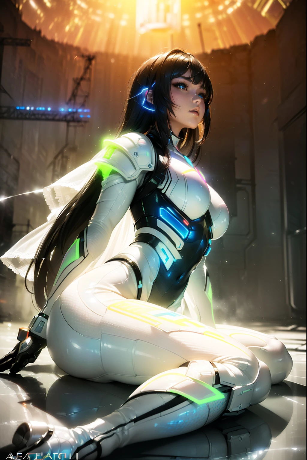 (masterpiece), best quality, expressive eyes, (((in hyper realistic and detailed neon-lit sci-fi plugsuit white armor, aethereal aesthetic style))) beauty korean idoll, intricate perfect beauty face, detailed sharp eyes, hyper realistic and detailed hair, (((from face to the waist))), (((beauty slim shape))), masterpiece, 4k, UHD