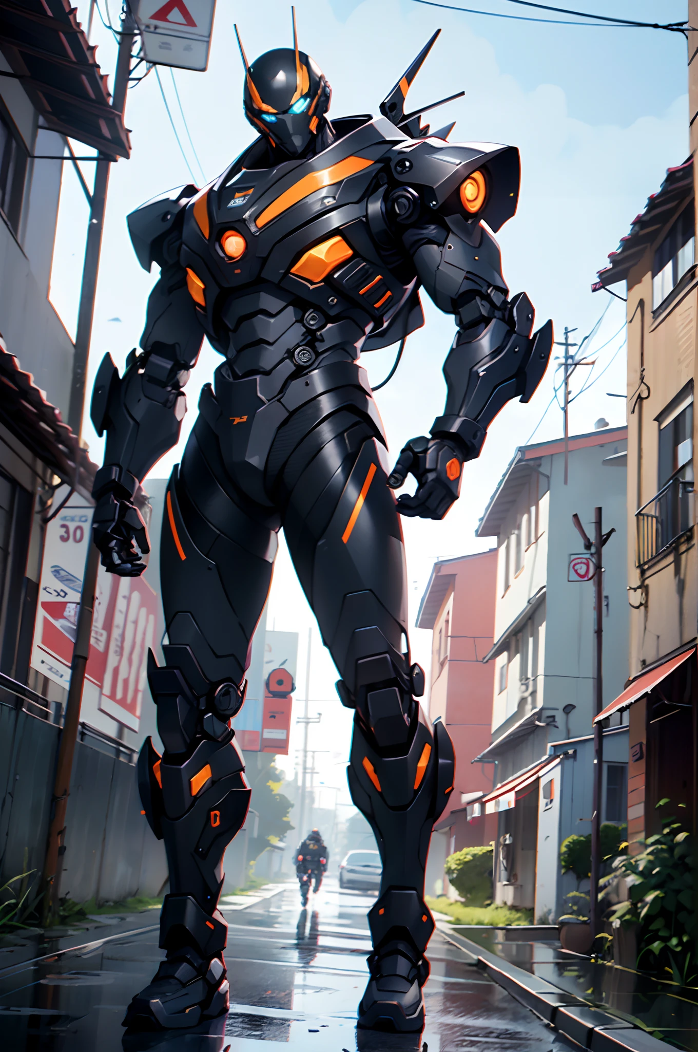 Imposing black plastic metal android robot,three meters high and with a minimalist design that highlights its marked metallic musculature. Its head is smooth and adorned with RGB lights that highlight its uniqueness and futurism.
He carries a metal backpack on his back that contains drones,Torres,e armas de fogo. A mochila tem pernas de aranha que permitem que ela se mova rapidamente.
Embora a maior parte de seu corpo seja um profundo,preto brilhante,there is orange,Purple,e detalhes azuis que destacam sua marcante,Futuristic Design. ay, undoubtedly, An impressive creation that does not go unnoticed.
(((musculoso))),hipermusculoso, hyper muscles,carbon robot,humanoid robot, Robot, robot joints, Joints, capacete, armadura, head-mounted display,
(dynamic pose:1.0),foco solo,(Centrado,scale to fit dimensions,rule of thirds),
Cyberpunk city by the sea at night, with bright neon signs and dark stormy clouds and puddles,
high resolution, foco nítido, (ultra detalhado, extremamente detalhado), (Arte Fotorrealista:1.37), Papel de parede 8K,((Tema de fundo synthwave)),((cores vibrantes)),(intrincado),master part,(best quality),