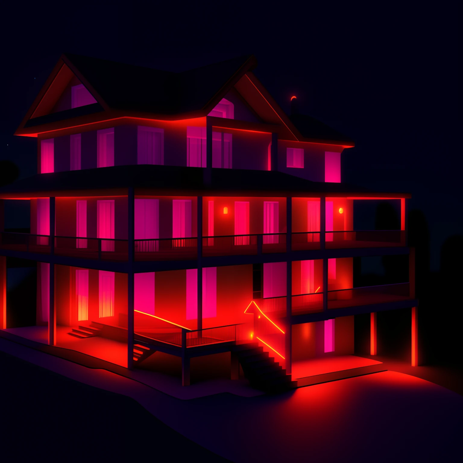 house with a staircase and a balcony lit up at night, it glows from the outside, vaporwave mansion, with glowing windows, stylized digital illustration, passive house, with glowing lights at night, well lit 3 d render, night time render, 3 d render even lit, warm glow from the lights, night time dark with neon colors, cubic style