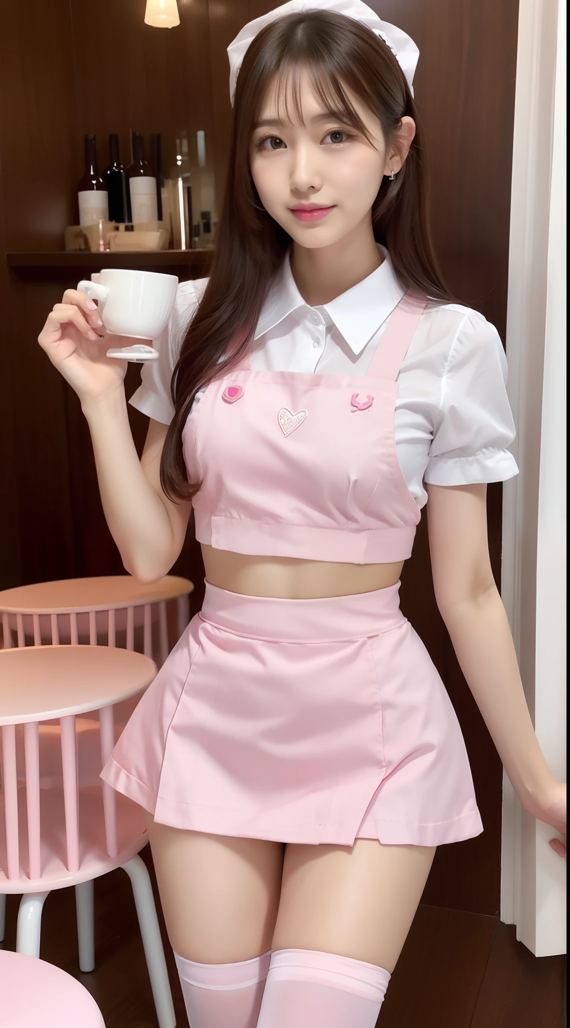 One Girl, apron, black dress, blush,  jewelry, Juliet Sleeve, Long sleeve, Maid, Maid apron, Maidの頭飾り, Puffy sleeves,  White apron, window,  slim、thin、日本woman, smile, 23 years old,woman,Brown long straight hair,Wet body,Perfect body,Trained abdominal muscles,Shiny skin,Highest quality,日本のwoman一人,