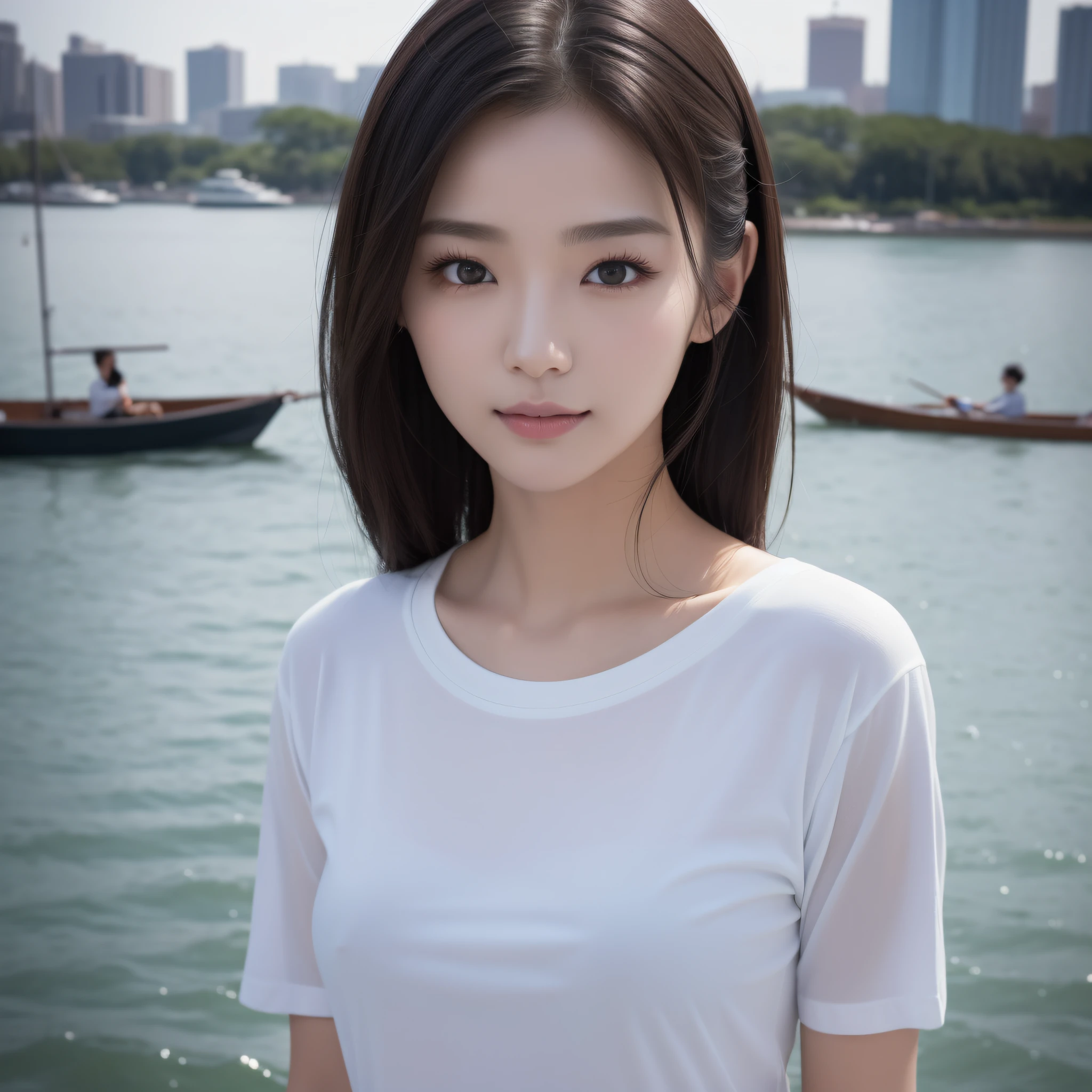 One lady、((best qualtiy、8k masterpieces:1.3))、foco nítido:1.2、(ultra beautiful faces:1.0)、(shinny skin:1.0)、photos realistic、A dark-haired、Video Lighting、High-definition eyes and face、Video Lighting、(Korean Cute Actress)、from the front side、medium breasts、ssmile、Slender Abs Beauty、Whole body、wearing t-shirts、At the quay in the early morning
