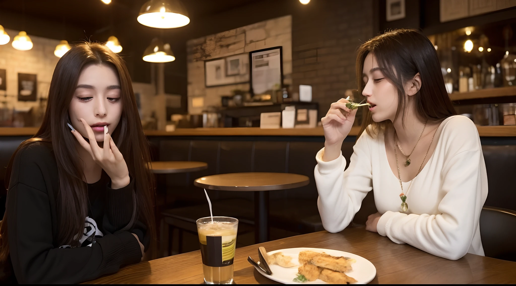 Cannabis on the table、Woman smoking cannabis in café、emit a large amount of white smoke from the mouth