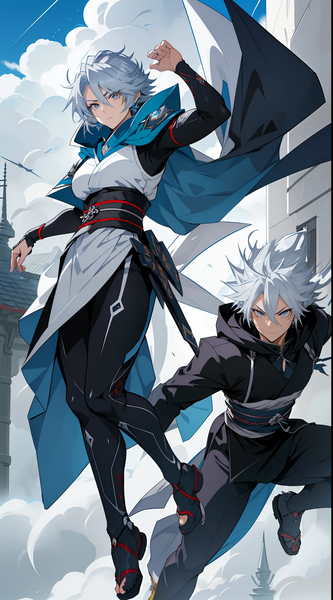 ((fantasy card)) . female (Sakuya Izayoi), (short spiky hair + serious look + full body + time master + ninja + kunoichi + silver hair + dark blue eyes + white cape + white assassin hood + time travel + fly in the clouds + 1900s) . (muscle: 2.0)