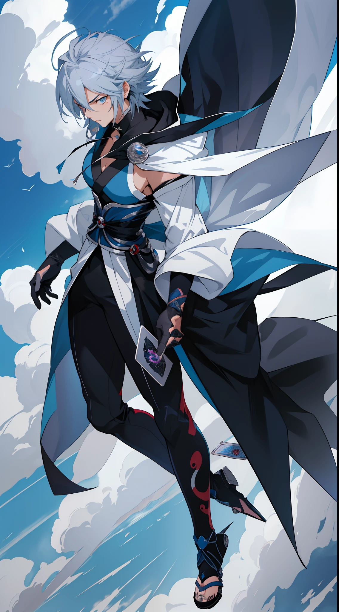 ((fantasy card)) . female (Sakuya Izayoi), (short spiky hair + serious look + full body + time master + ninja + kunoichi + silver hair + dark blue eyes + white cape + white assassin hood + time travel + fly in the clouds + 1900s) . (muscle: 2.0)