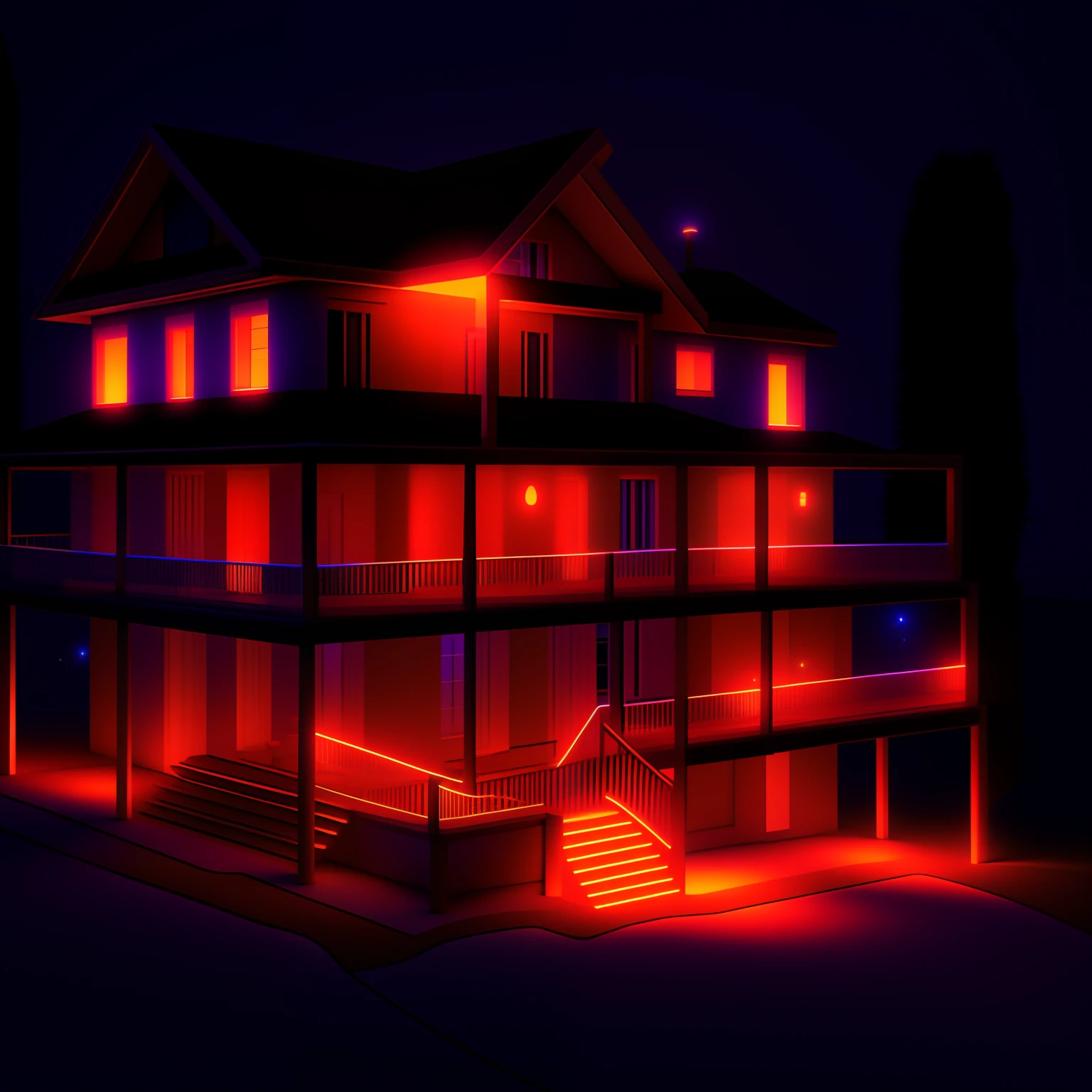 house with a staircase and a balcony lit up at night, it glows from the outside, vaporwave mansion, with glowing windows, stylized digital illustration, passive house, with glowing lights at night, well lit 3 d render, night time render, 3 d render even lit, warm glow from the lights, night time dark with neon colors, cubic style