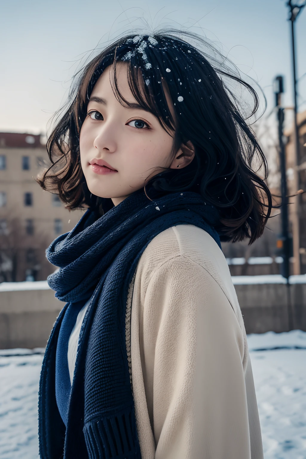 ((masutepiece)), ((Best Quality)), (Detailed background:1.4),
(Detailed face, disheveled hair, Beautiful detailed eyes:1.1),
1 girl, Solo, age,
Small breasts,
makeup,
Black hair,
hair blowing in wind,
Black eyes,
winter school uniform,
Cardigan,
scarf,
Black tights,
I have a school bag,
The background is a city, Cityscape, Sunrise, Winters, Snow,
Walking, Looking forward, Hands in pockets, You can see her breath,
Cowboy Shot, Dynamic Angle, From Side,