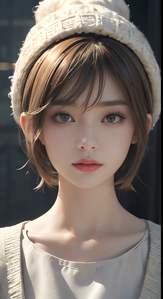 (masuter piece:1.3)、(8K、Photorealsitic、RAW photography、top-quality: 1.4)、(1girl in)、beautiful countenance、(lifelike face)、(Light beige blends hair、short-hair:1.3)、((Giant rows))、Wearing a miniskirt、((Klob top))、Beanie、Wears a cute pom-pom hat in knitting、(Display the hat on the screen)、photorealistic eye、Beautiful details、(real looking skin)、Beautiful skins、Finger details、enticing、超A high resolution、ultra-realistic realism、high detal、the golden ratio