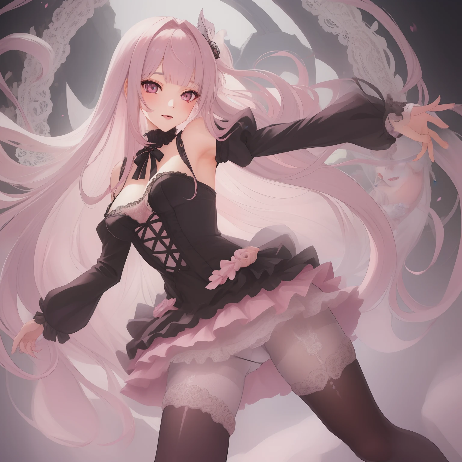 1girl, best quality, exquisite facial features, perfect face, bishoujo, ojousama, {{{grey eyes}}}, straight long pink hair, hime style bangs, lace trim, black gothic, lace pantyhose, sweet smile