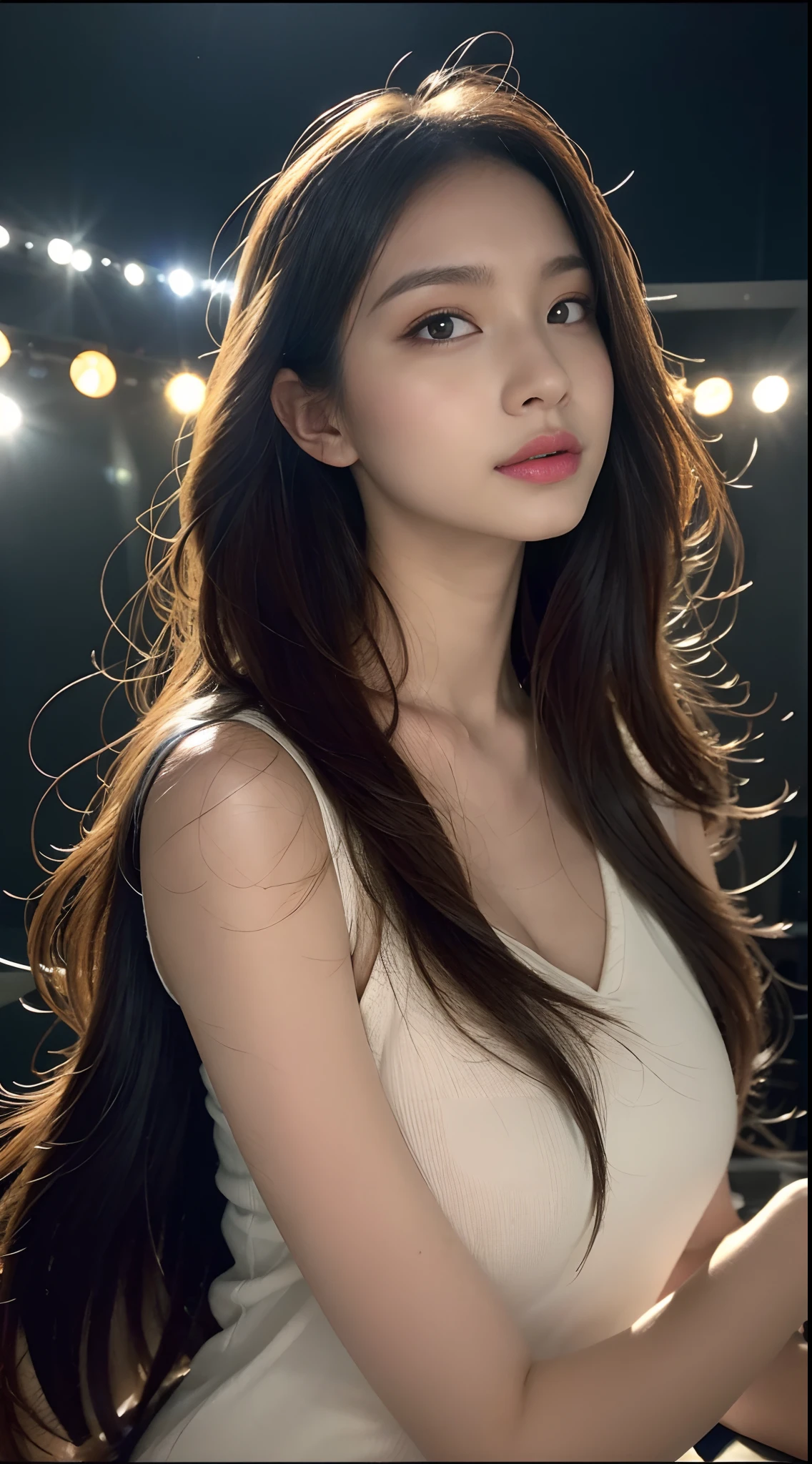 (RAW Photo, Best Quality), (Realistic, Photo Realistic: 1.3), Best Quality, Highly Detailed, Masterpiece, Ultra Detailed, Illustration, 1 Girl, upper_body, Dynamic Angle, World Mastery Theater, messy_long_hair, Best Quality, Extremely Detailed CG Unified 8k Wallpaper, Ink, Amazing, Movie Lights, lens_flare, dunhuang_style, Detailed Face, Beautiful Rendering of Tang Dynasty, (deliberate expression: 1.5), standing in a flower field, (looking up at the starry sky: 1.2), fireflies, floating scarves, Sony master shots, a woman posing for a picture in front of a tv, inspired by Fei Danxu, aesthetic!!!!!! female genie, brown hair and bangs, high definition screenshot, nicovideo, normal hands, vivic colors, full face shot of rimuru tempest, nice studio lighting, vhs screencap, beautiful fine - face, nami, ar