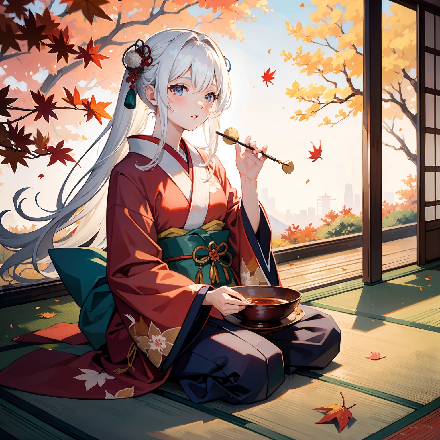 (masterpiece), high quality, kimono, graceful, peaceful, autumn colors, falling leaves, traditional Japanese, solo, passionate colors, beautiful white-haired girl, random pose