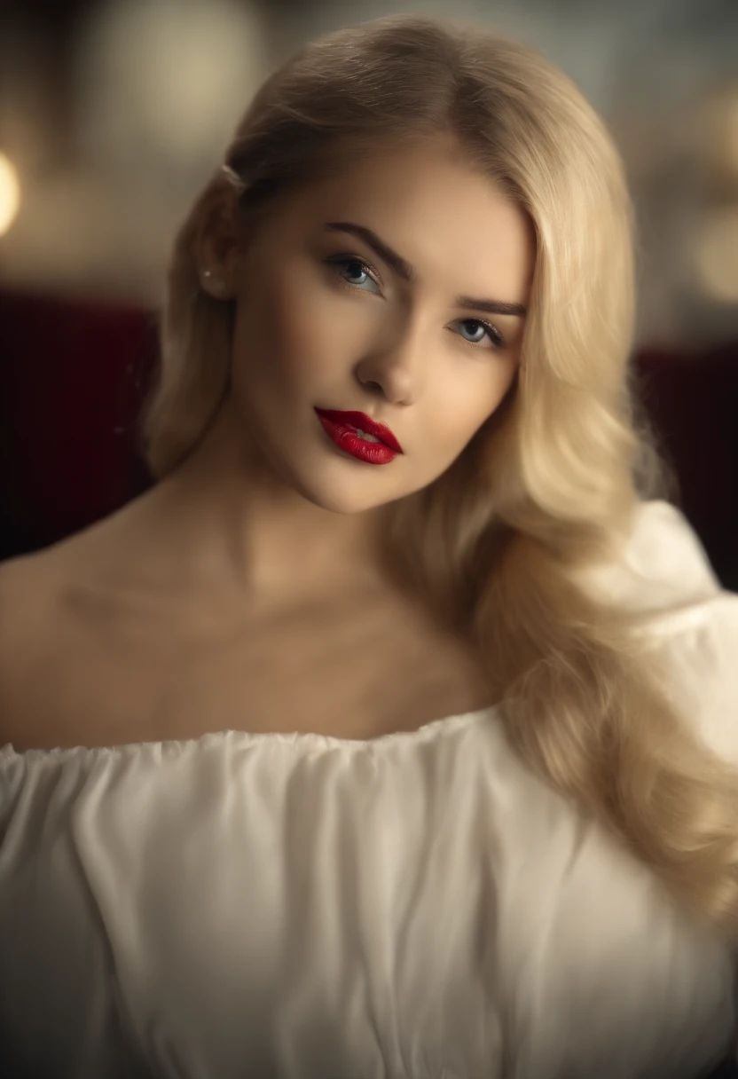(8k, 4k, best quality, highres, ultra high res:1.1), (masterpiece, realistic, photo-realistic:1.1), 1girl, face, close-up, twintails, blonde hair, black eyes, red lips, (looking at viewer:2), absurdly long hair, long eyelashes, eyeshadow, small face, big eyes, bare shoulders, high contrast,