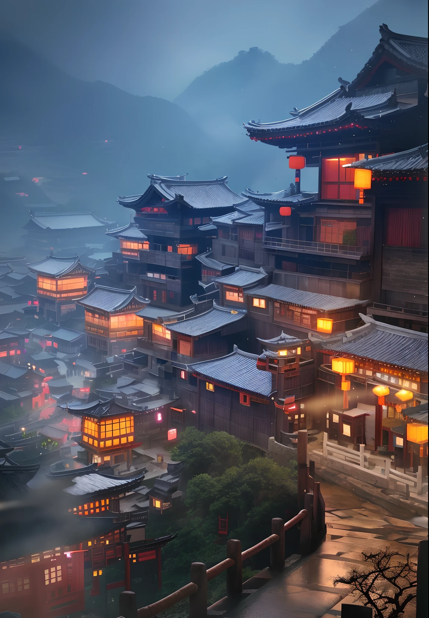 Arafed view of a village,a lot of lights on the buildings,dreamy Chinese towns,Chinese Village,amazing wallpapers,ancient Chinese town,Old village,surreal photo of a small town,old asian village,Ancient city,Raymond Han,rainy evening, Cyberpunk ancient Chinese castle, Well-lit building, In the evening in the rain, Beautiful and aesthetic, photography of, cinematic ligh, 8k, high detal ((very heavy rain)))