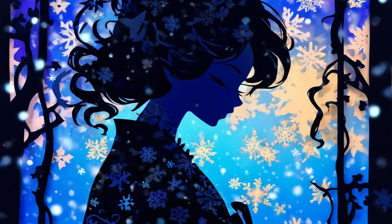 (Silhouette Art,cutouts:1.6)
(((Paper cutting art,A world where only black exists:1.3)

(Cowboy Shot),1 girl,Solo,
(Kimono Girl,profile:1.2),white, Clear and beautiful face,

BREAK
(Light blue snowflakes)
Textured glass background,