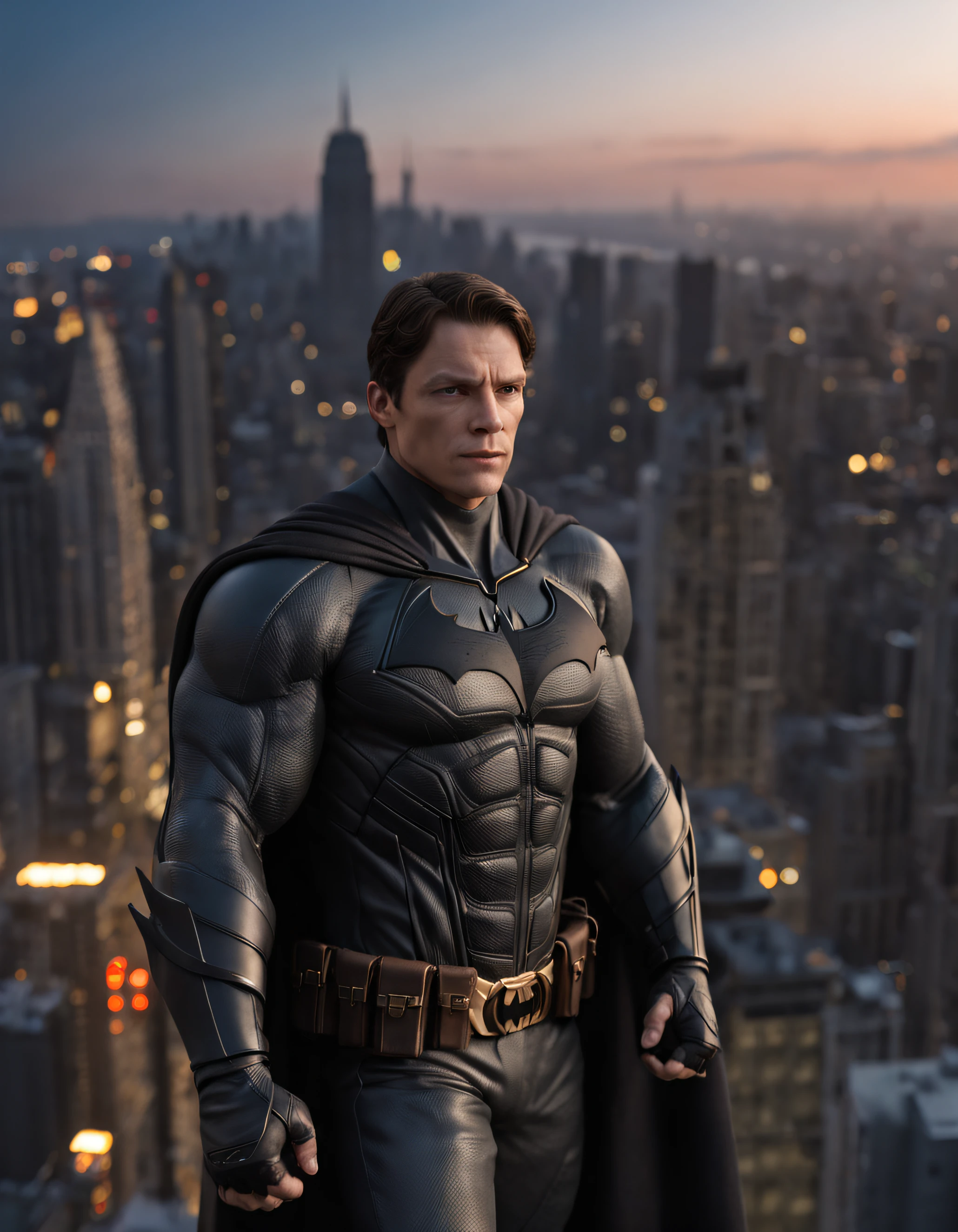 A batman on top of a gotham skyscraper, cena de filme 8k tema escuro, ::n_ desenho, Imperfection, baixa qualidade, boneco, jogo, anime, texto, assinatura