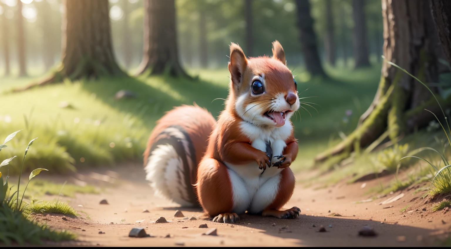 A red squirrel is very excited,present in ground, grassy area,in forest,8k,