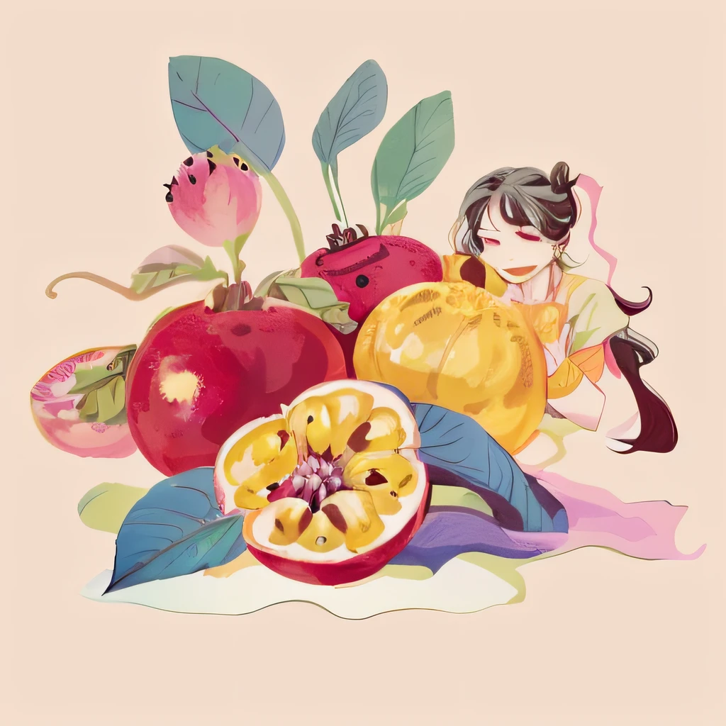 Two women leaning on passion fruit, A beautiful artwork illustration, in style of digital illustration, Colorful illustrations, Colorful illustration, Flat illustration, editorial illustration colorful, digital art illustration, full-colour illustration, Illustration style, Digital illustratio -, #illustration, illustratio, Amazing food illustration, Illustration art, Poster illustration, illustration”
