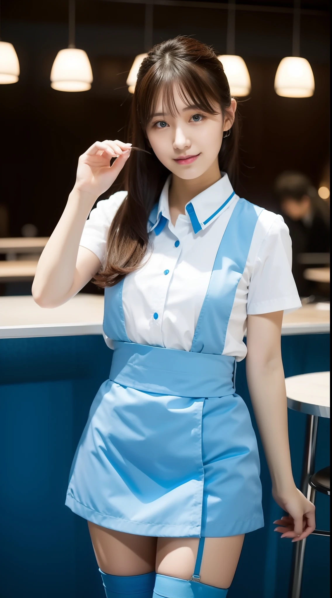 Waitress in light blue miniskirt