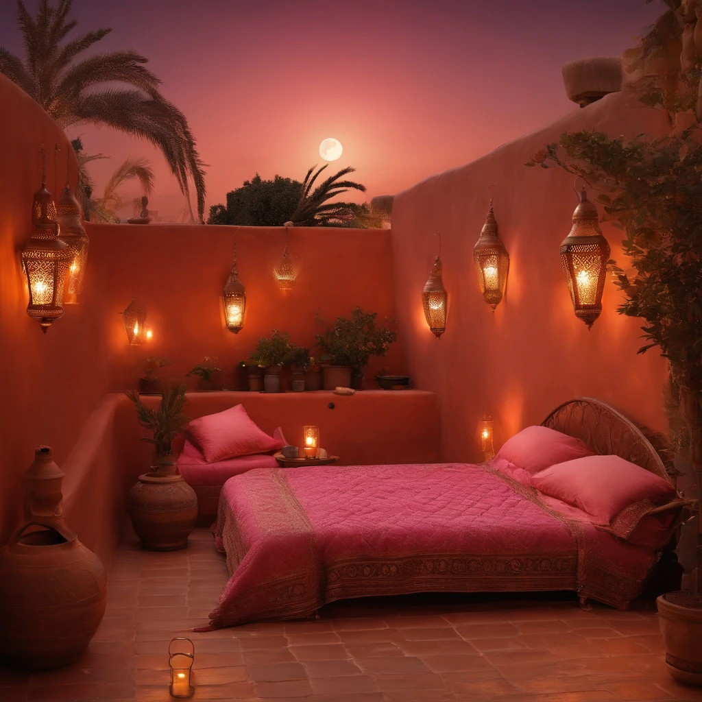 hyper realistic photo, ultra detailed photograph of a beautiful Moroccan rooftop, Amazigh pillows, photorealistic, riad rooftop, Marrakech view, stunning moon in the sky, iridescent, hyperrealism, moroccan lamps, sexy, Ultra photoreal, Intricate details, Ultra detailed, elegant photorealistic, great high details, hyper real photo, 8k, extreme quality, gorgeous pink roses, exotic, glimmering lights, magical, romantic, Moroccan tea, mint leaves