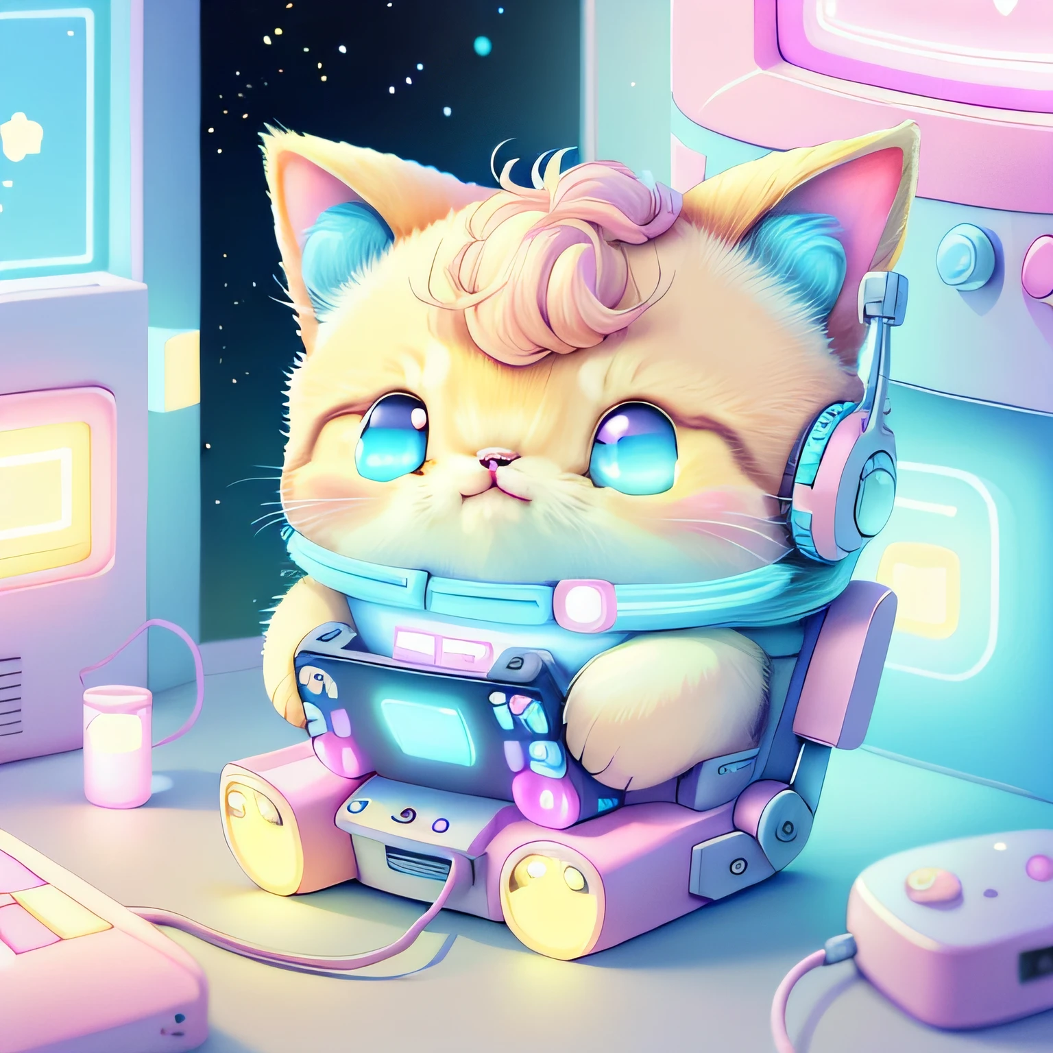 Kawaii Tech,pastel color, kawaii, Cute colors ,scifi,
Kitten engrossed in mobile game, sitting on toilet, have a mobile game console, A pixel game is displayed on the mobile game console