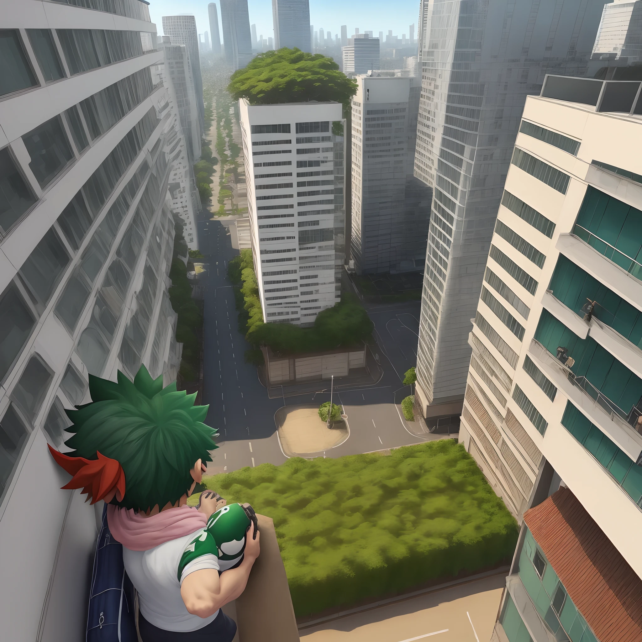 Deku saltando pela cidade