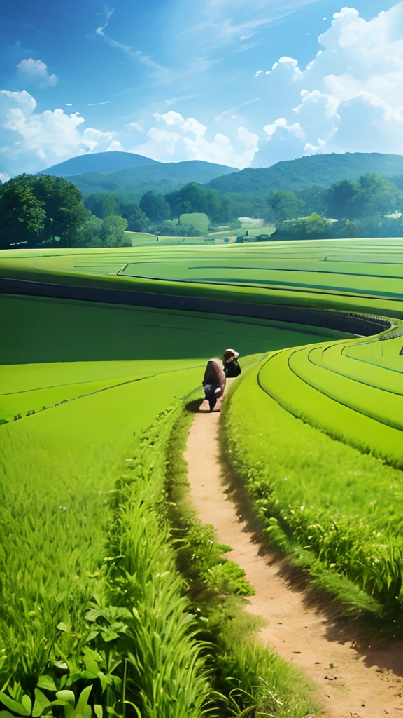 An old farmer carrying a flat burden, walking on the winding path of the countryside, big clouds, blue sky, rice fields, neat rice seedlings in the field, forest, hillside, secluded, countryside, HD detail, hyper-detail, cinematic, surrealism, soft light, deep field focus bokeh, ray tracing and surrealism. --v6