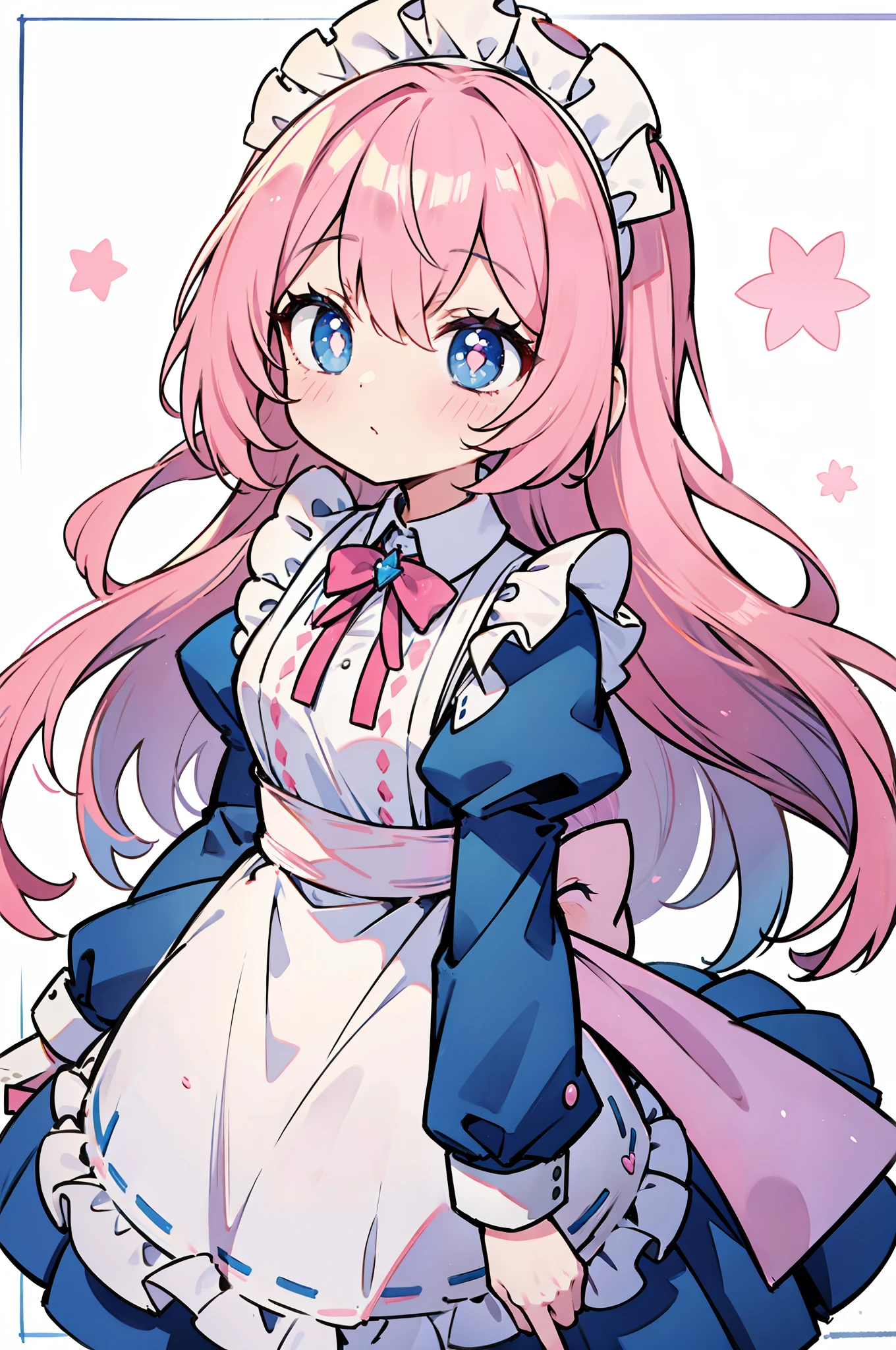 light pink colored hair,Powder-blue pupils,Wear pink and blue maid outfits,Sweet girl with pure white